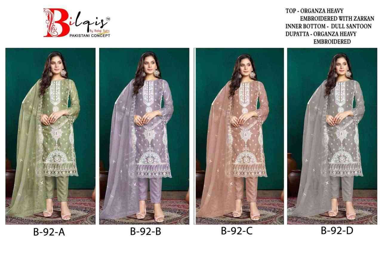 Bilqis 92 Colours By Bilqis 92-A To 92-D Series Beautiful Pakistani Suits Stylish Fancy Colorful Party Wear & Occasional Wear Organza Embroidery Dresses At Wholesale Price