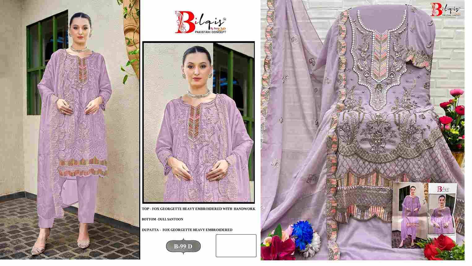 Bilqis 99 Colours By Bilqis 99-A To 99-D Series Beautiful Pakistani Suits Stylish Fancy Colorful Party Wear & Occasional Wear Faux Georgette Embroidery Dresses At Wholesale Price