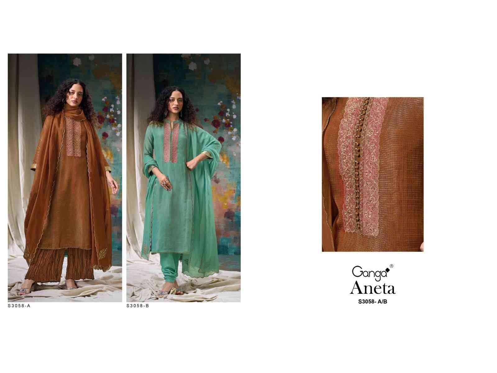 Aneta-3058 By Ganga Fashion 3058-A To 3058-B Series Beautiful Festive Suits Colorful Stylish Fancy Casual Wear & Ethnic Wear Pure Bemberg Silk Dresses At Wholesale Price