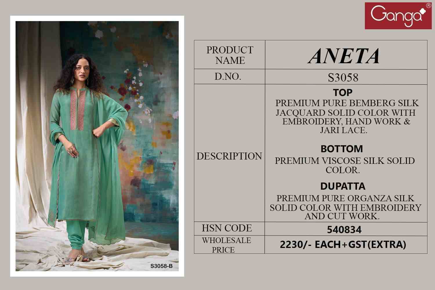 Aneta-3058 By Ganga Fashion 3058-A To 3058-B Series Beautiful Festive Suits Colorful Stylish Fancy Casual Wear & Ethnic Wear Pure Bemberg Silk Dresses At Wholesale Price