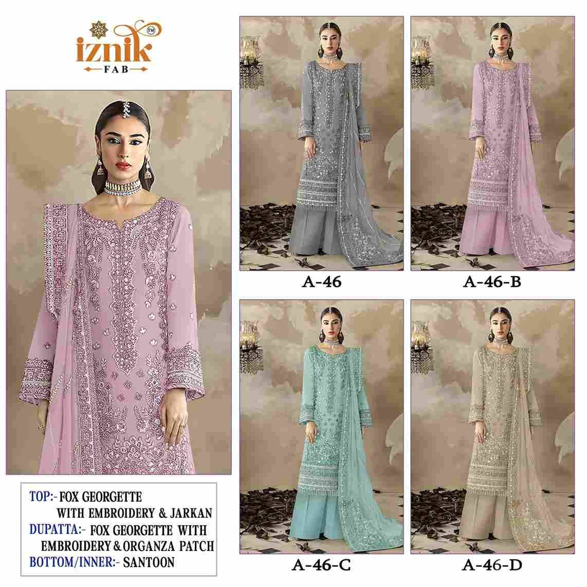 Iznik 46 Colours By Iznik Fab 46-A To 46-D Series Designer Pakistani Suits Beautiful Stylish Fancy Colorful Party Wear & Occasional Wear Faux Georgette With Embroidery Dresses At Wholesale Price