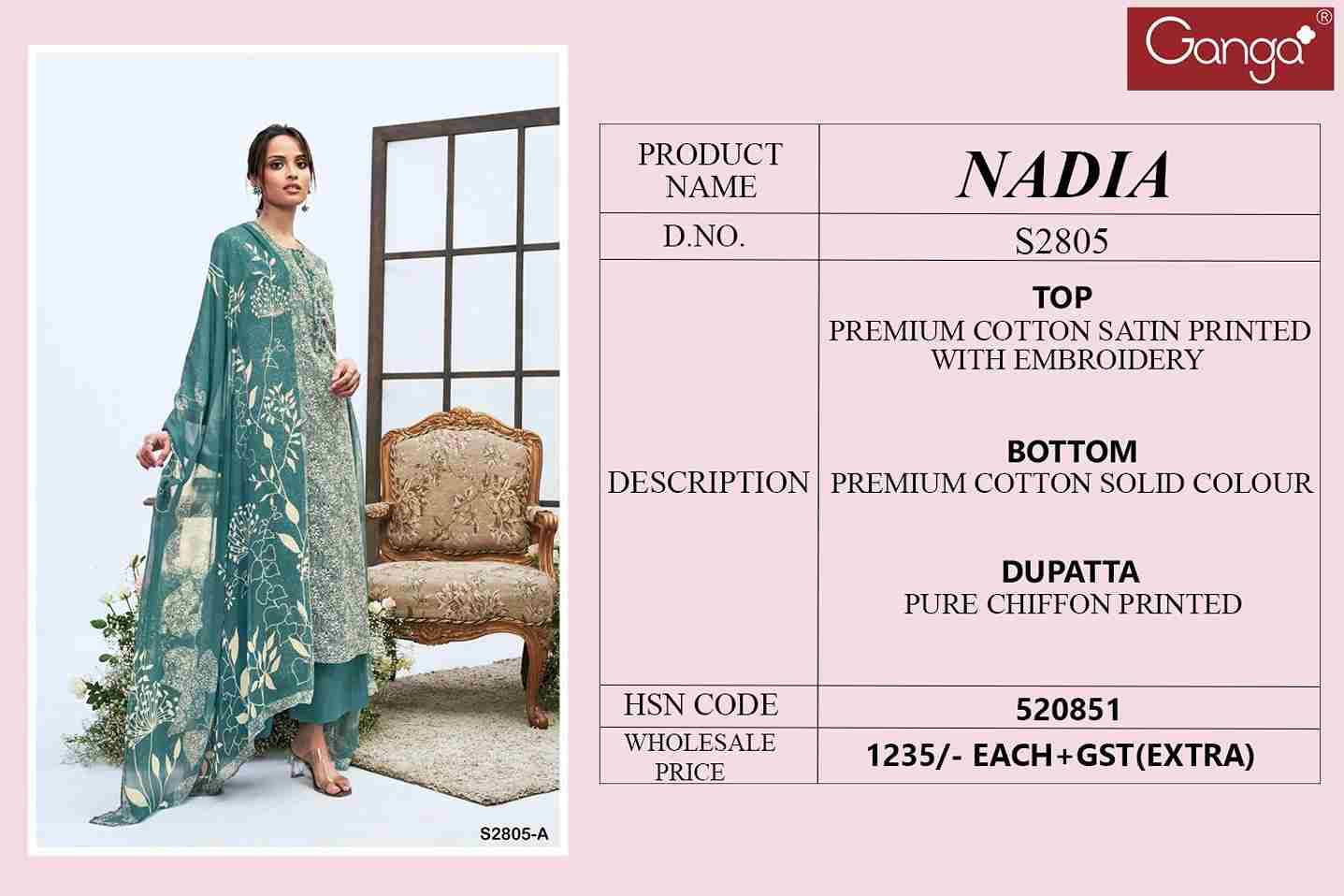 Nadia-2805 By Ganga Fashion 2805-A To 2805-D Series Beautiful Festive Suits Colorful Stylish Fancy Casual Wear & Ethnic Wear Pure Cotton Satin Dresses At Wholesale Price