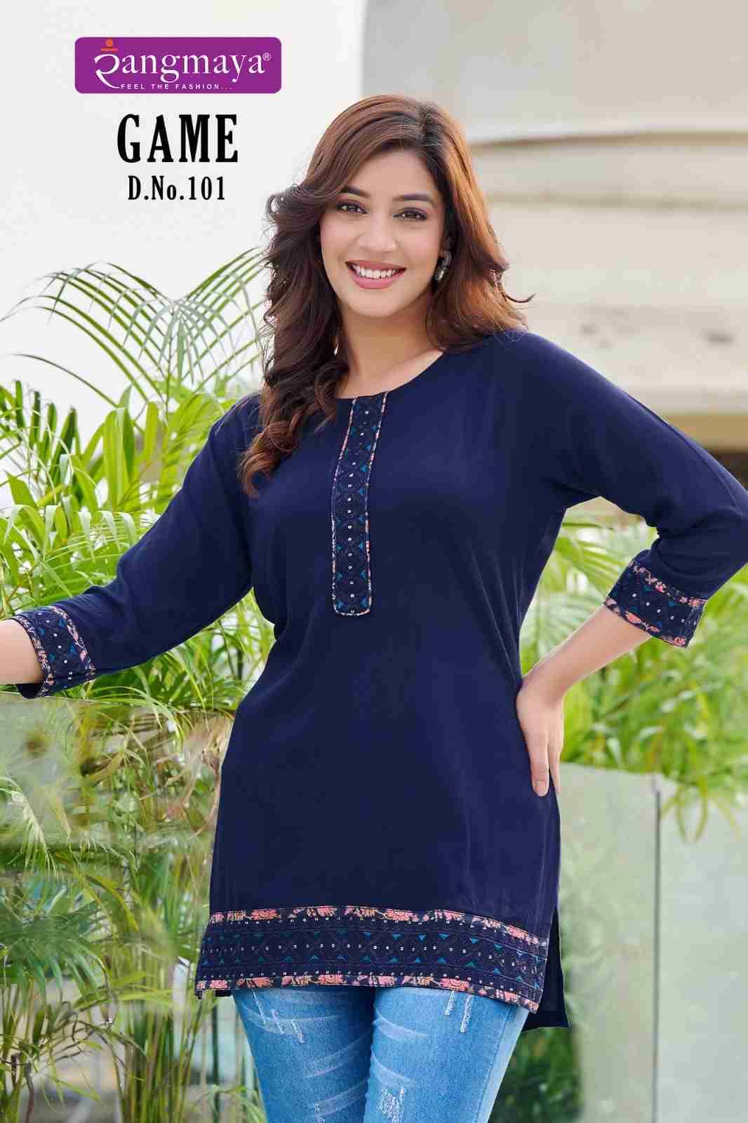 Game By Rangmaya 101 To 108 Series Designer Stylish Fancy Colorful Beautiful Party Wear & Ethnic Wear Collection Rayon Tops At Wholesale Price