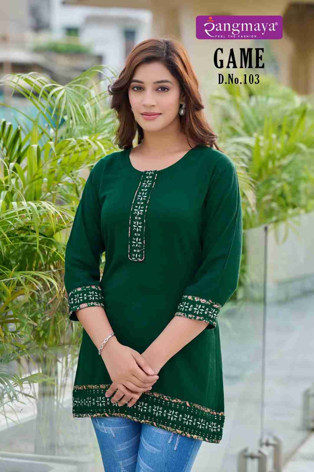 Game By Rangmaya 101 To 108 Series Designer Stylish Fancy Colorful Beautiful Party Wear & Ethnic Wear Collection Rayon Tops At Wholesale Price