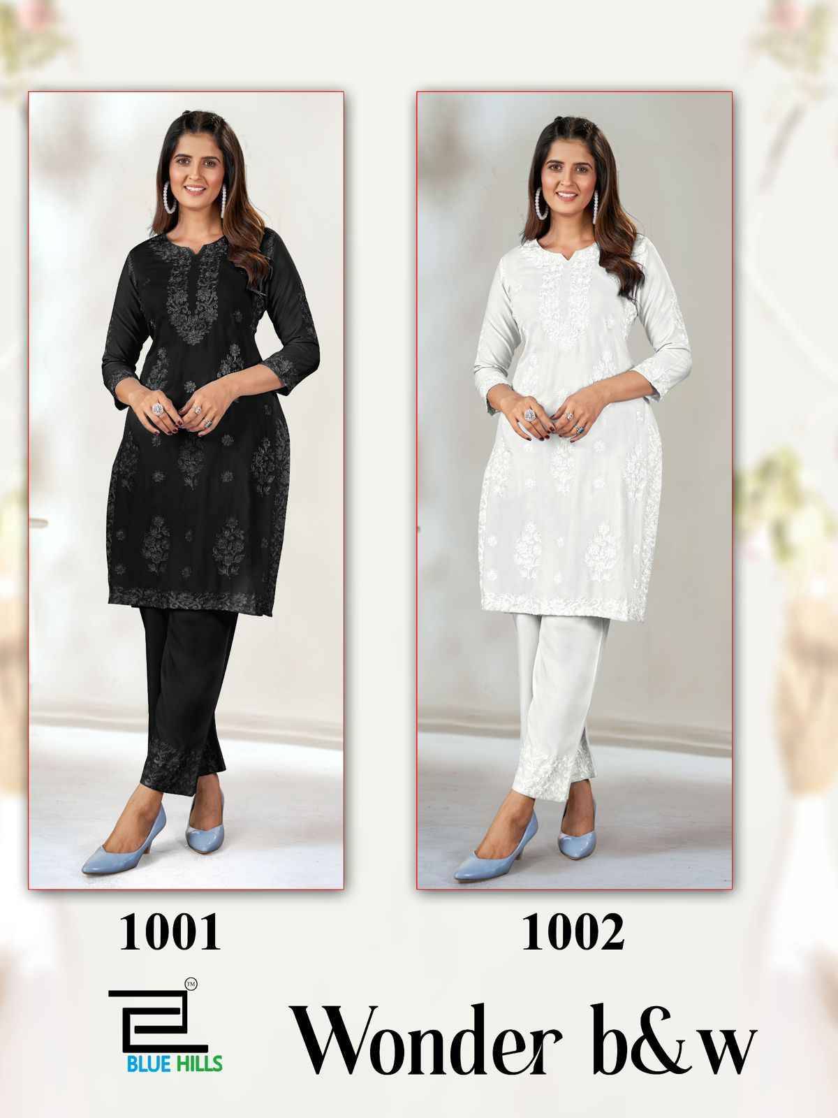 Wonder Black And White By Blue Hills 1001 To 1002 Series Designer Stylish Fancy Colorful Beautiful Party Wear & Ethnic Wear Collection Rayon Print Kurtis With Bottom At Wholesale Price