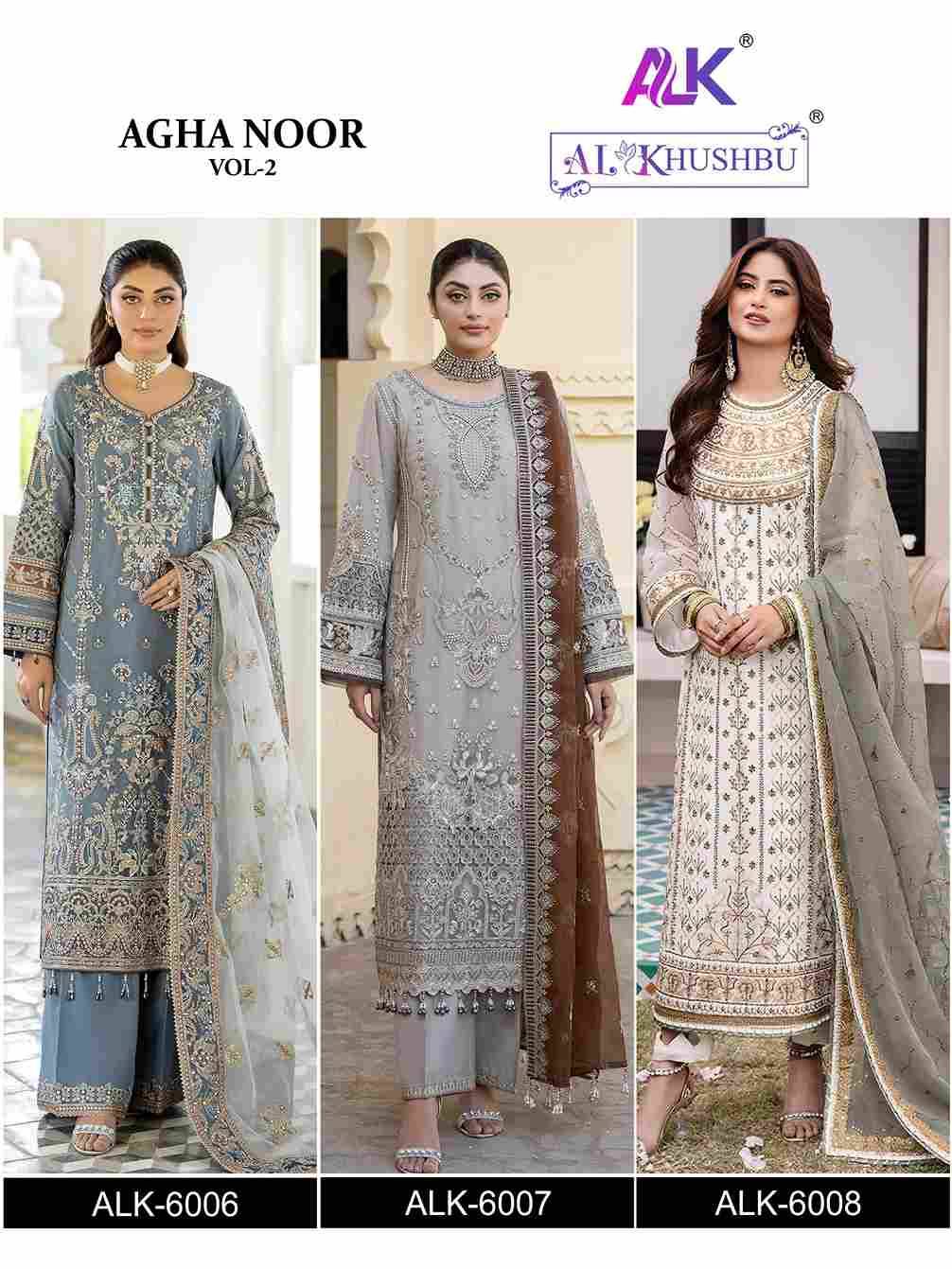 Agha Noor Vol-2 By Al Khushbu 6006 To 6008 Series Designer Pakistani Suits Beautiful Fancy Stylish Colorful Party Wear & Occasional Wear Faux Georgette With Embroidery Dresses At Wholesale Price