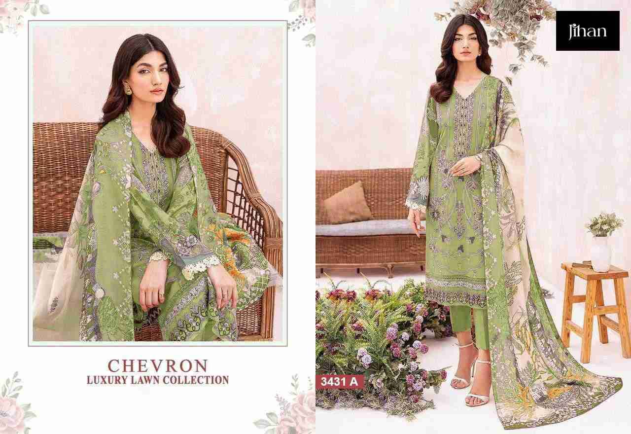 Chevron Luxury Lawn Collection By Jihan 3431 To 3433 Series Beautiful Pakistani Suits Colorful Stylish Fancy Casual Wear & Ethnic Wear Pure Lawn Cotton Embroidered Dresses At Wholesale Price