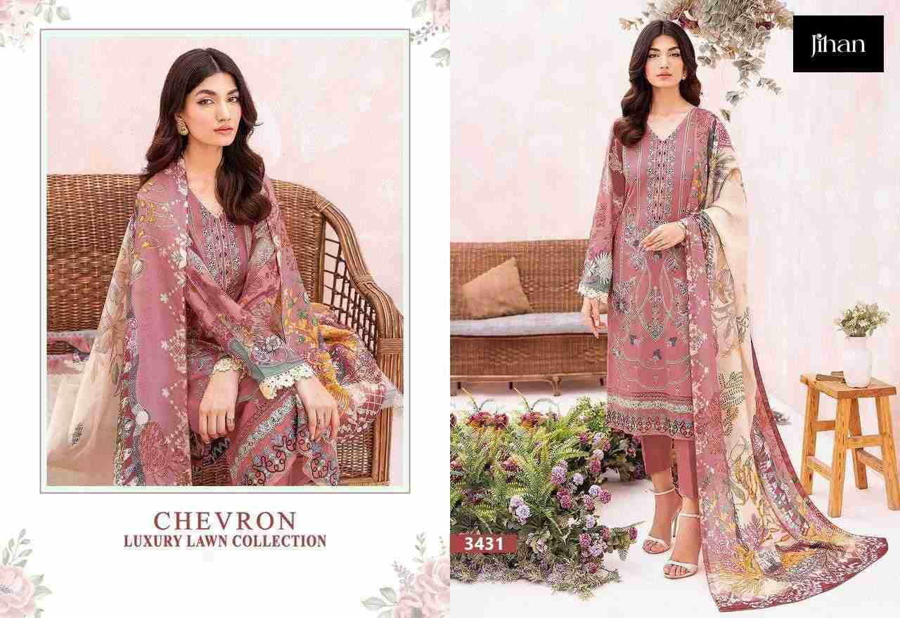 Chevron Luxury Lawn Collection By Jihan 3431 To 3433 Series Beautiful Pakistani Suits Colorful Stylish Fancy Casual Wear & Ethnic Wear Pure Lawn Cotton Embroidered Dresses At Wholesale Price