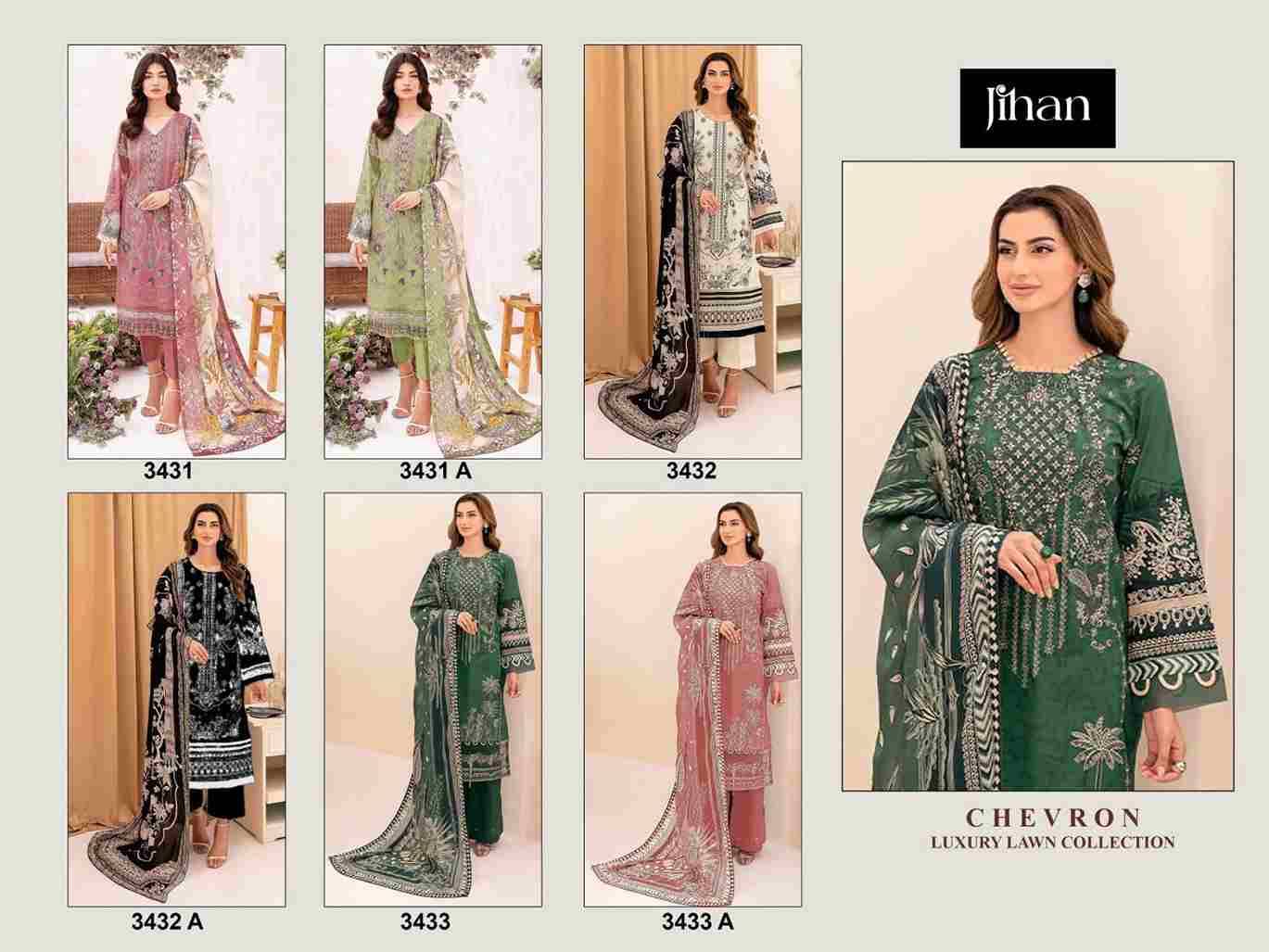 Chevron Luxury Lawn Collection By Jihan 3431 To 3433 Series Beautiful Pakistani Suits Colorful Stylish Fancy Casual Wear & Ethnic Wear Pure Lawn Cotton Embroidered Dresses At Wholesale Price