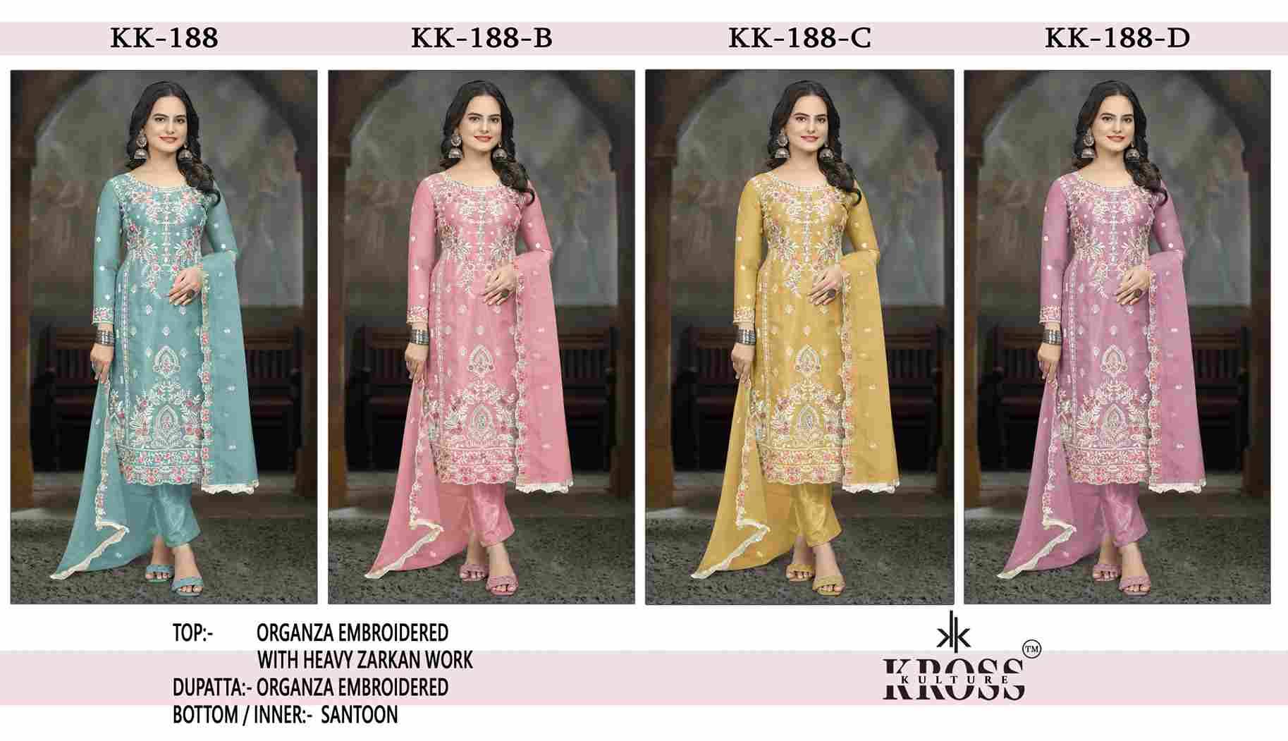 Kross Kulture Hit Design 188 Colours By Kross Kulture 188-A To 188-D Series Beautiful Pakistani Suits Colorful Stylish Fancy Casual Wear & Ethnic Wear Organza With Embroidered Dresses At Wholesale Price