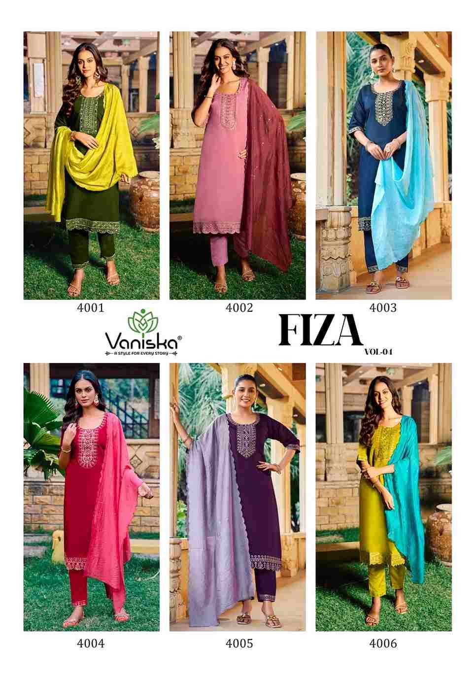 Fiza Vol-4 By Vaniska 4001 To 4006 Series Designer Festive Suits Collection Beautiful Stylish Fancy Colorful Party Wear & Occasional Wear Roman Silk Dresses At Wholesale Price