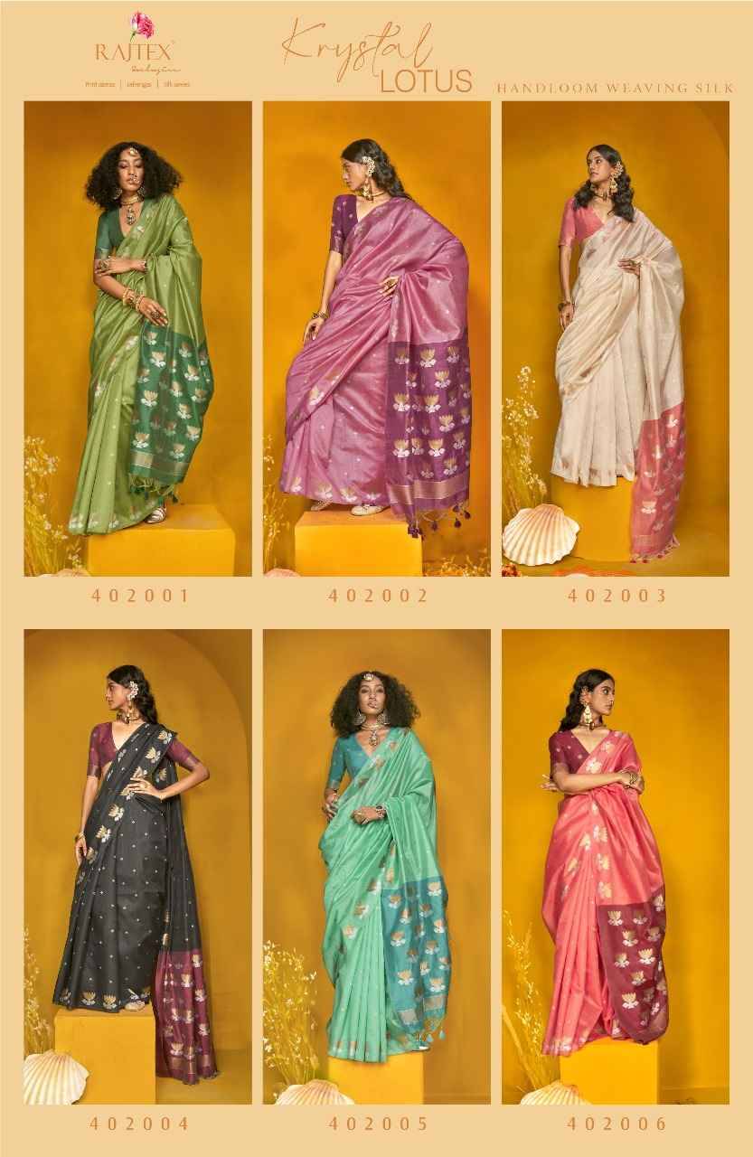 Krystal Lotus By Raj Tex 402001 To 402006 Series Indian Traditional Wear Collection Beautiful Stylish Fancy Colorful Party Wear & Occasional Wear Tussar Silk Sarees At Wholesale Price