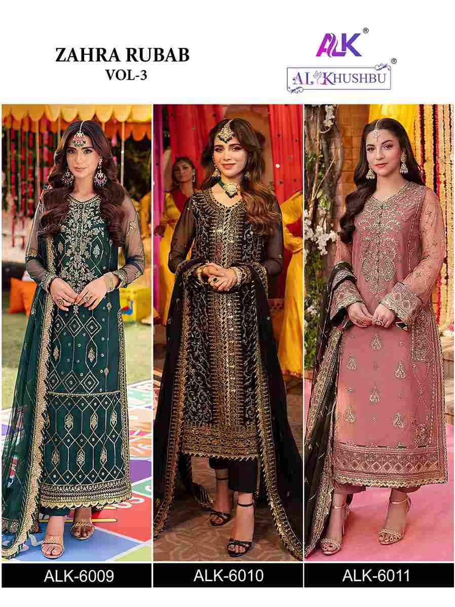 Zahra Rubab Vol-3 By Al Khushbu 6009 To 6011 Series Beautiful Pakistani Suits Colorful Stylish Fancy Casual Wear & Ethnic Wear Faux Georgette Dresses At Wholesale Price