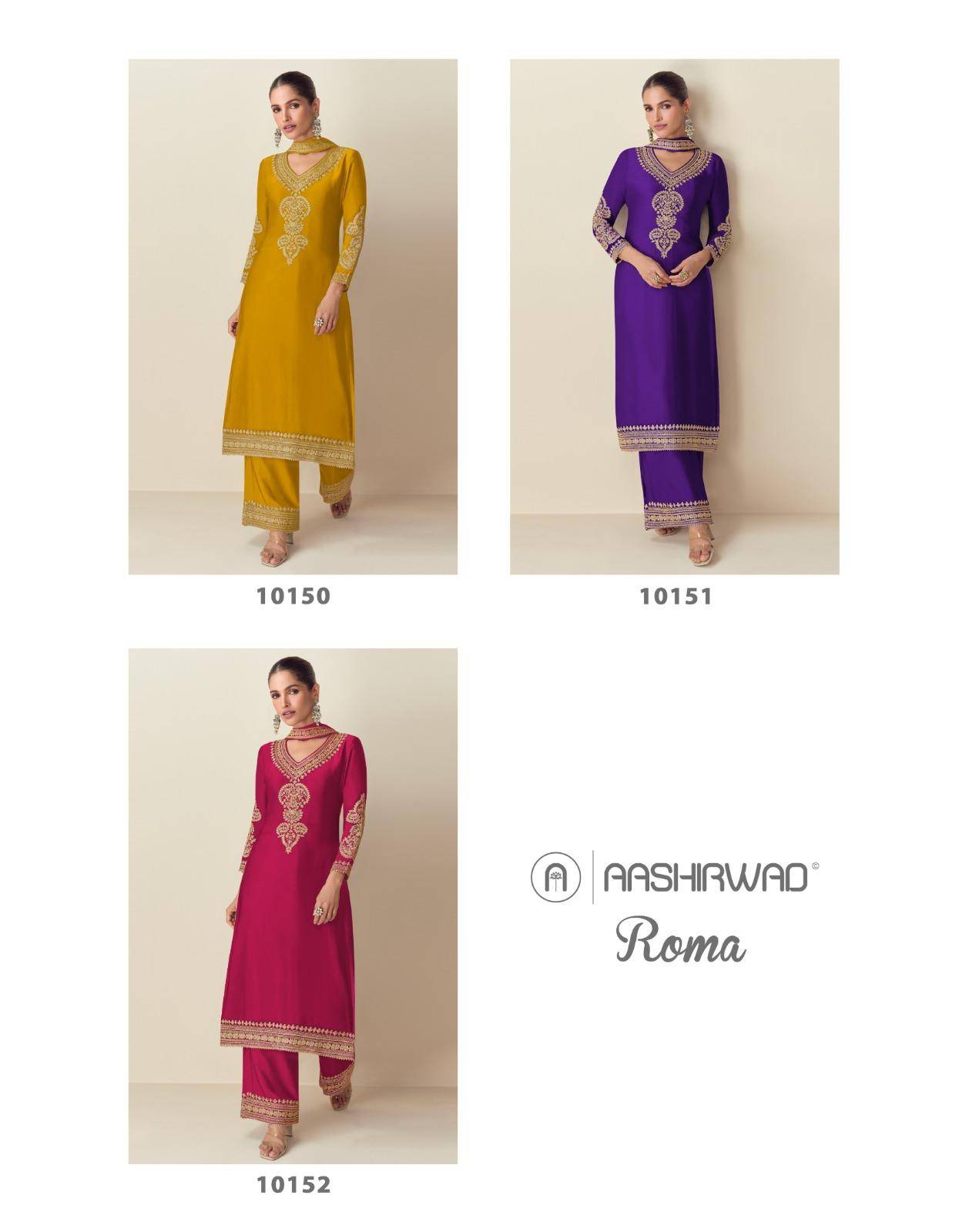 Roma By Aashirwad Creation 10150 To 10152 Series Beautiful Stylish Suits Fancy Colorful Casual Wear & Ethnic Wear & Ready To Wear Chinnon Silk Dresses At Wholesale Price