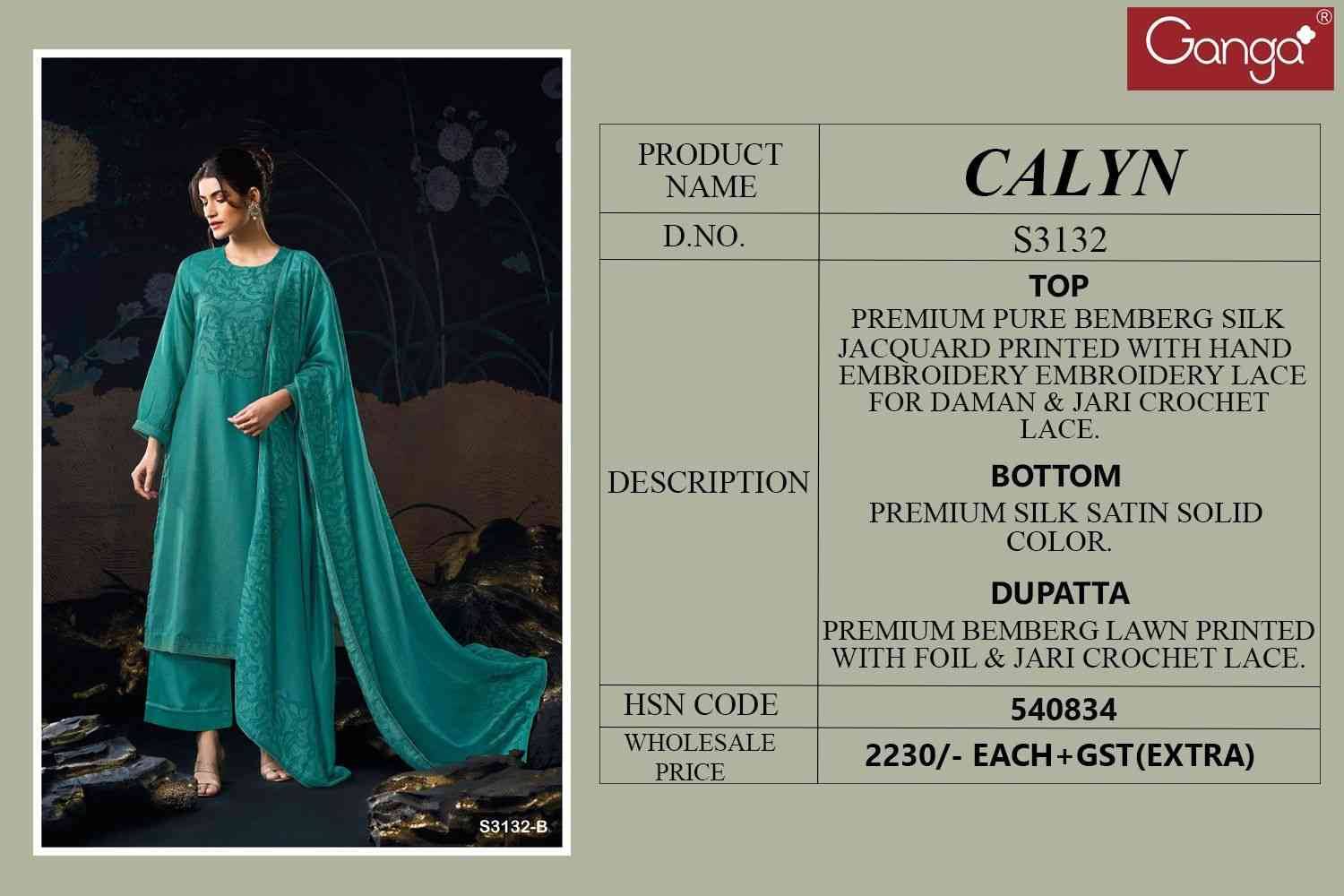 Calyn-3132 By Ganga Fashion 3132-A To 3132-D Series Beautiful Festive Suits Colorful Stylish Fancy Casual Wear & Ethnic Wear Pure Bemberg Silk Jacquard Dresses At Wholesale Price