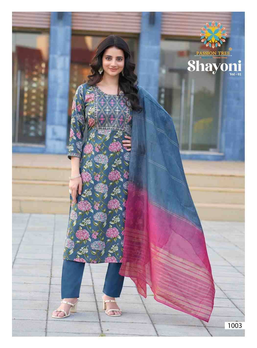 Shayoni Vol-1 By Passion Tree 1001 To 1008 Series Beautiful Stylish Festive Suits Fancy Colorful Casual Wear & Ethnic Wear & Ready To Wear Rayon Work Dresses At Wholesale Price