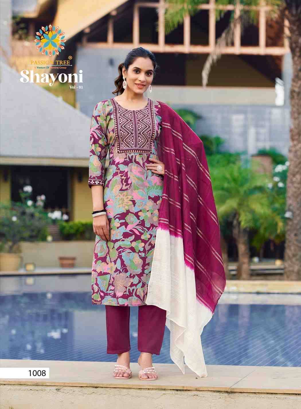 Shayoni Vol-1 By Passion Tree 1001 To 1008 Series Beautiful Stylish Festive Suits Fancy Colorful Casual Wear & Ethnic Wear & Ready To Wear Rayon Work Dresses At Wholesale Price