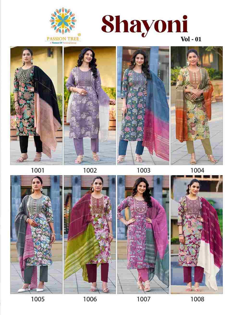 Shayoni Vol-1 By Passion Tree 1001 To 1008 Series Beautiful Stylish Festive Suits Fancy Colorful Casual Wear & Ethnic Wear & Ready To Wear Rayon Work Dresses At Wholesale Price