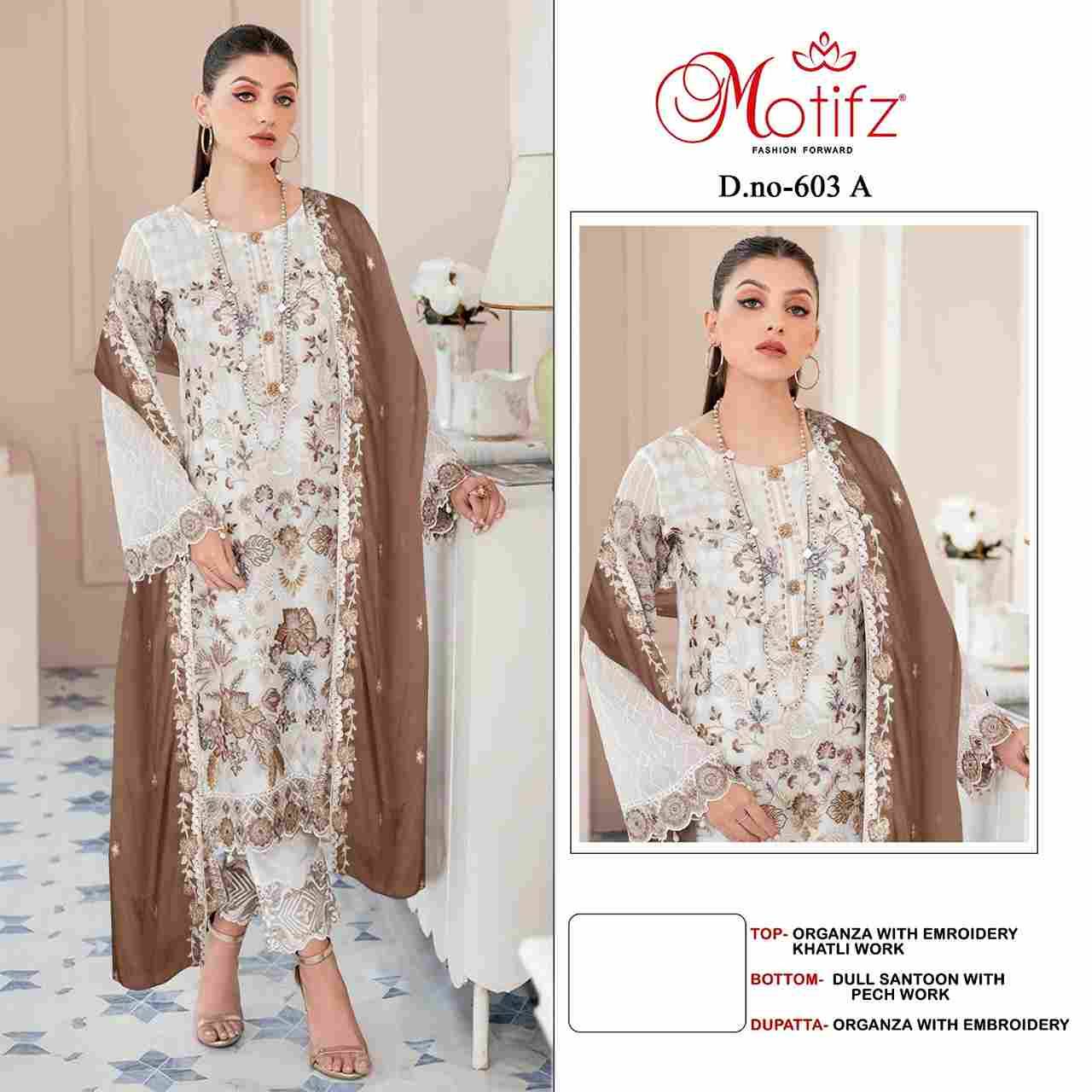 Motifz Hit Design 603 Colours By Motifz 603-A To 603-D Series Beautiful Pakistani Suits Colorful Stylish Fancy Casual Wear & Ethnic Wear Organza Dresses At Wholesale Price