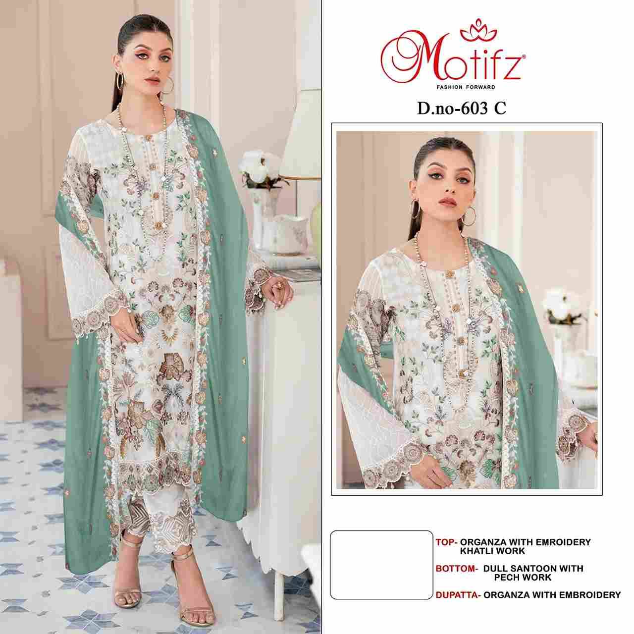 Motifz Hit Design 603 Colours By Motifz 603-A To 603-D Series Beautiful Pakistani Suits Colorful Stylish Fancy Casual Wear & Ethnic Wear Organza Dresses At Wholesale Price