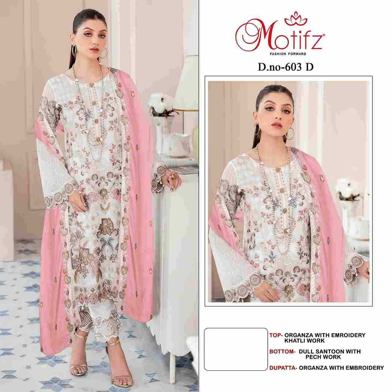 Motifz Hit Design 603 Colours By Motifz 603-A To 603-D Series Beautiful Pakistani Suits Colorful Stylish Fancy Casual Wear & Ethnic Wear Organza Dresses At Wholesale Price