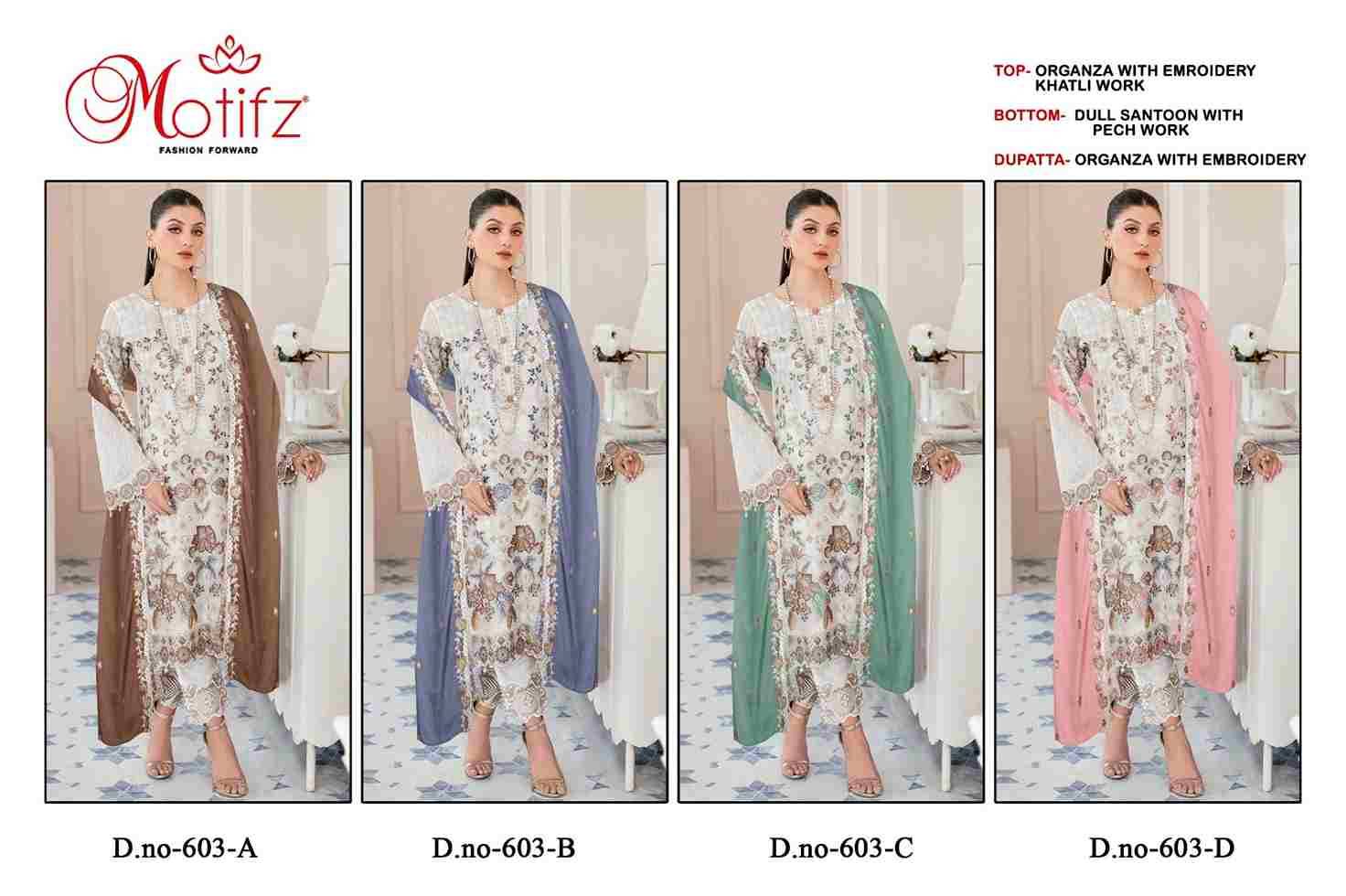 Motifz Hit Design 603 Colours By Motifz 603-A To 603-D Series Beautiful Pakistani Suits Colorful Stylish Fancy Casual Wear & Ethnic Wear Organza Dresses At Wholesale Price