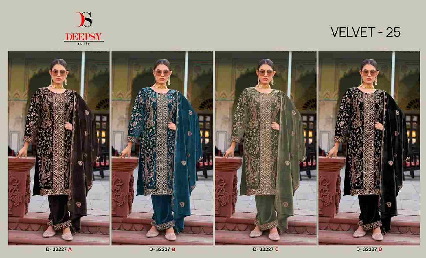 Velvet 32227 Colours By Deepsy Suits 32227-A To 32227-D Series Beautiful Stylish Pakistani Suits Fancy Colorful Casual Wear & Ethnic Wear & Ready To Wear Heavy Velvet Embroidery Dresses At Wholesale Price