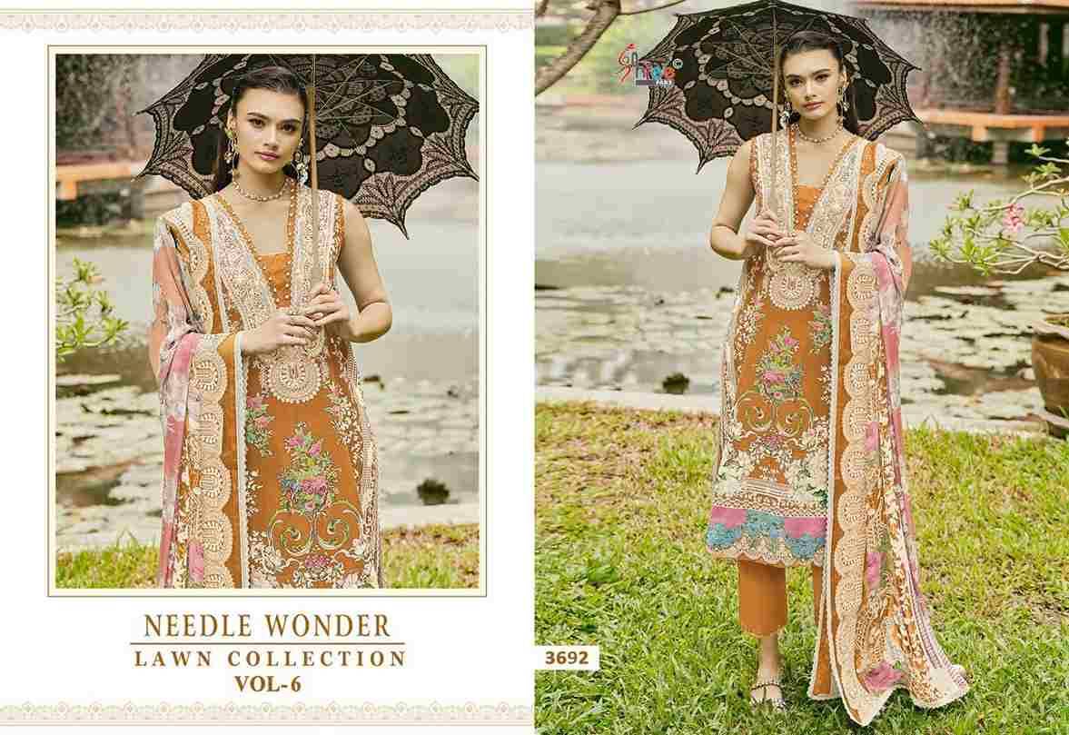 Needle Wonder Lawn Collection Vol-6 By Shree Fabs 3687 To 3692 Series Designer Pakistani Suits Beautiful Fancy Stylish Colorful Party Wear & Occasional Wear Pure Cotton With Embroidery Dresses At Wholesale Price