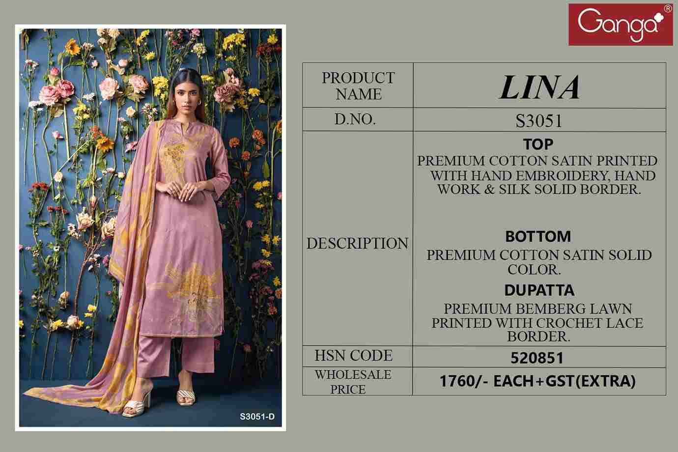 Lina-3051 By Ganga Fashion 3051-A To 3051-D Series Beautiful Festive Suits Colorful Stylish Fancy Casual Wear & Ethnic Wear Pure Cotton Satin Dresses At Wholesale Price