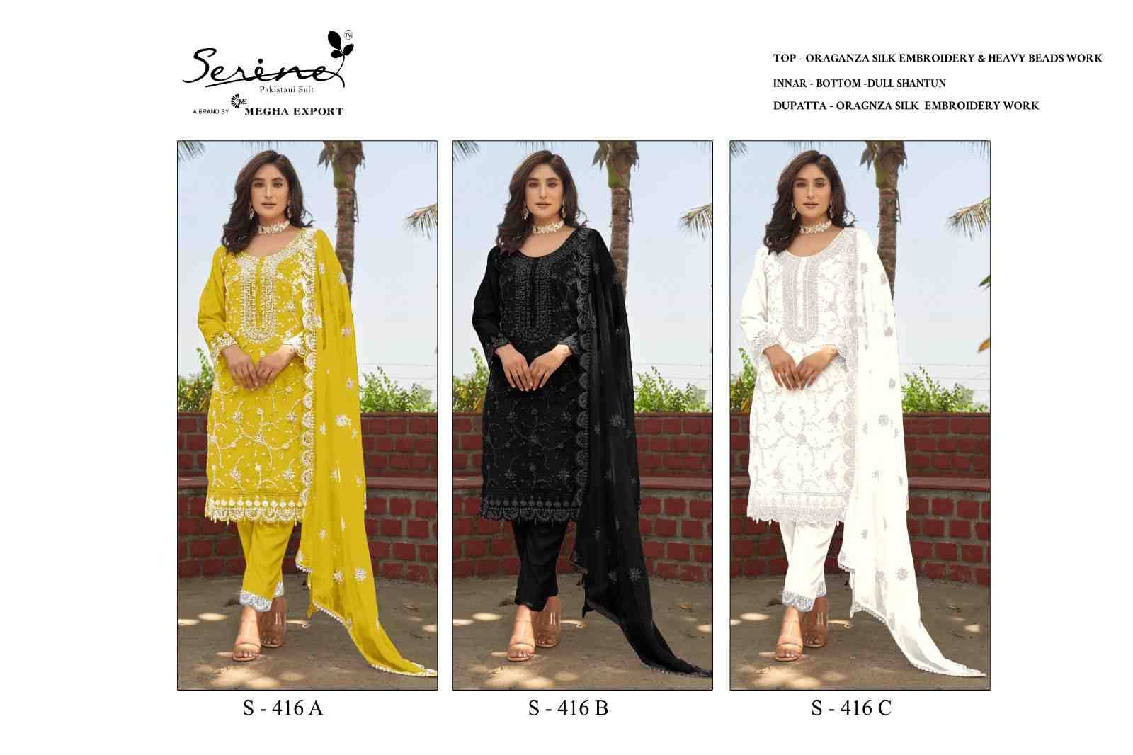 Serene Hit Design S-416 Colours By Serene S-416-A To S-416-C Series Designer Pakistani Suits Beautiful Fancy Colorful Stylish Party Wear & Occasional Wear Organza Embroidered Dresses At Wholesale Price