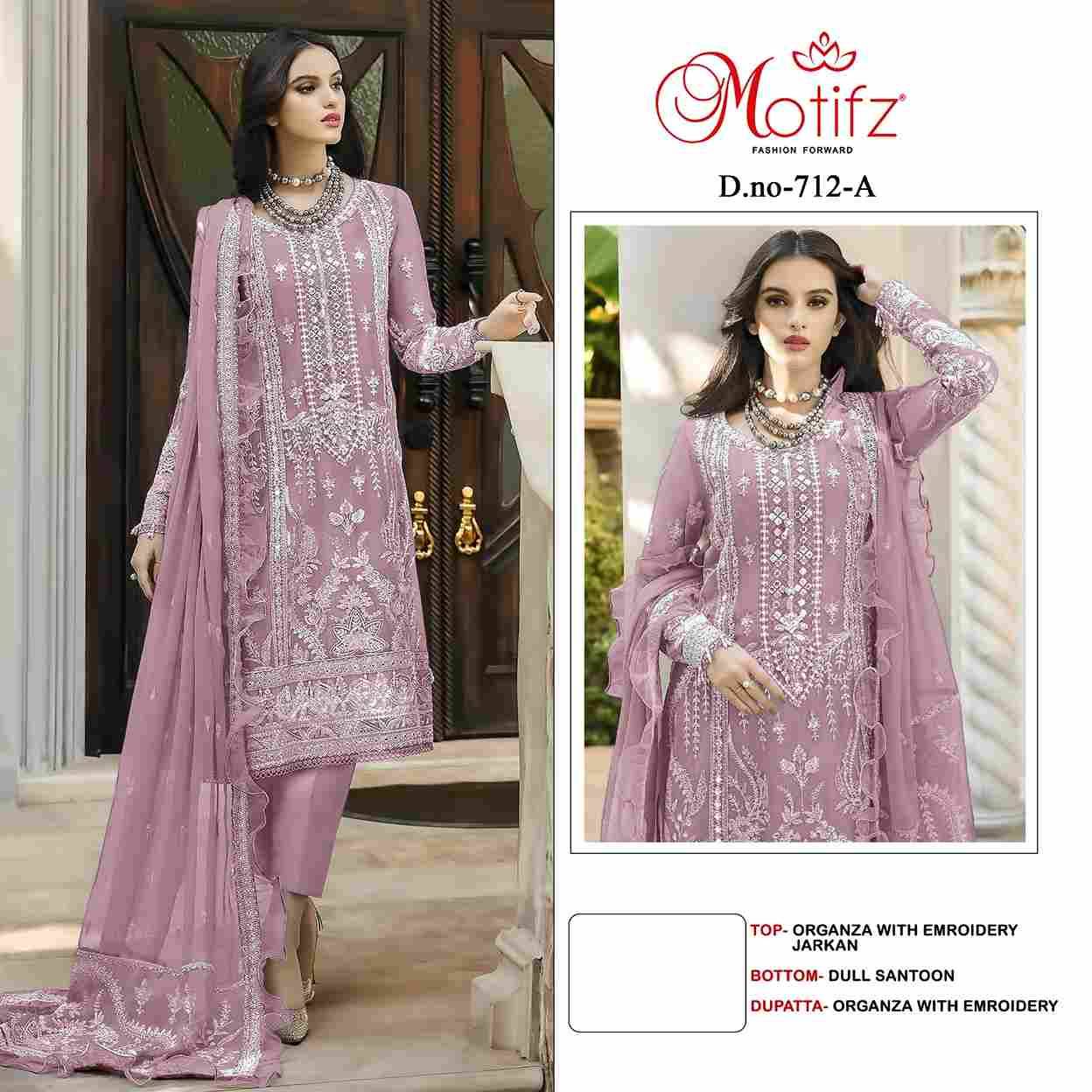 Motifz Hit Design 712 Colours By Motifz 712-A To 712-D Series Beautiful Pakistani Suits Colorful Stylish Fancy Casual Wear & Ethnic Wear Organza Dresses At Wholesale Price