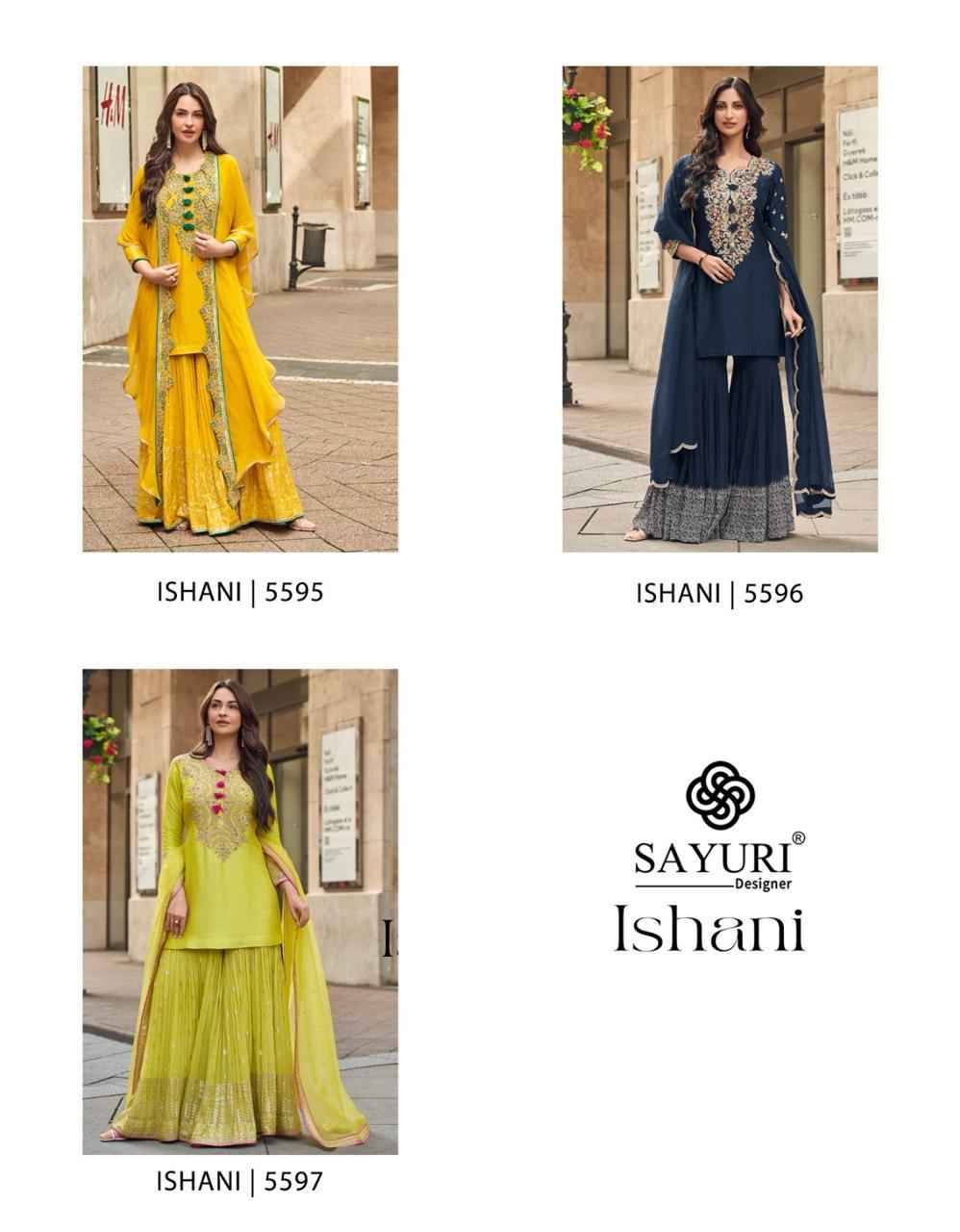 Ishani By Sayuri 5595 To 5597 Series Beautiful Sharara Suits Colorful Stylish Fancy Casual Wear & Ethnic Wear Premium Silk Dresses At Wholesale Price