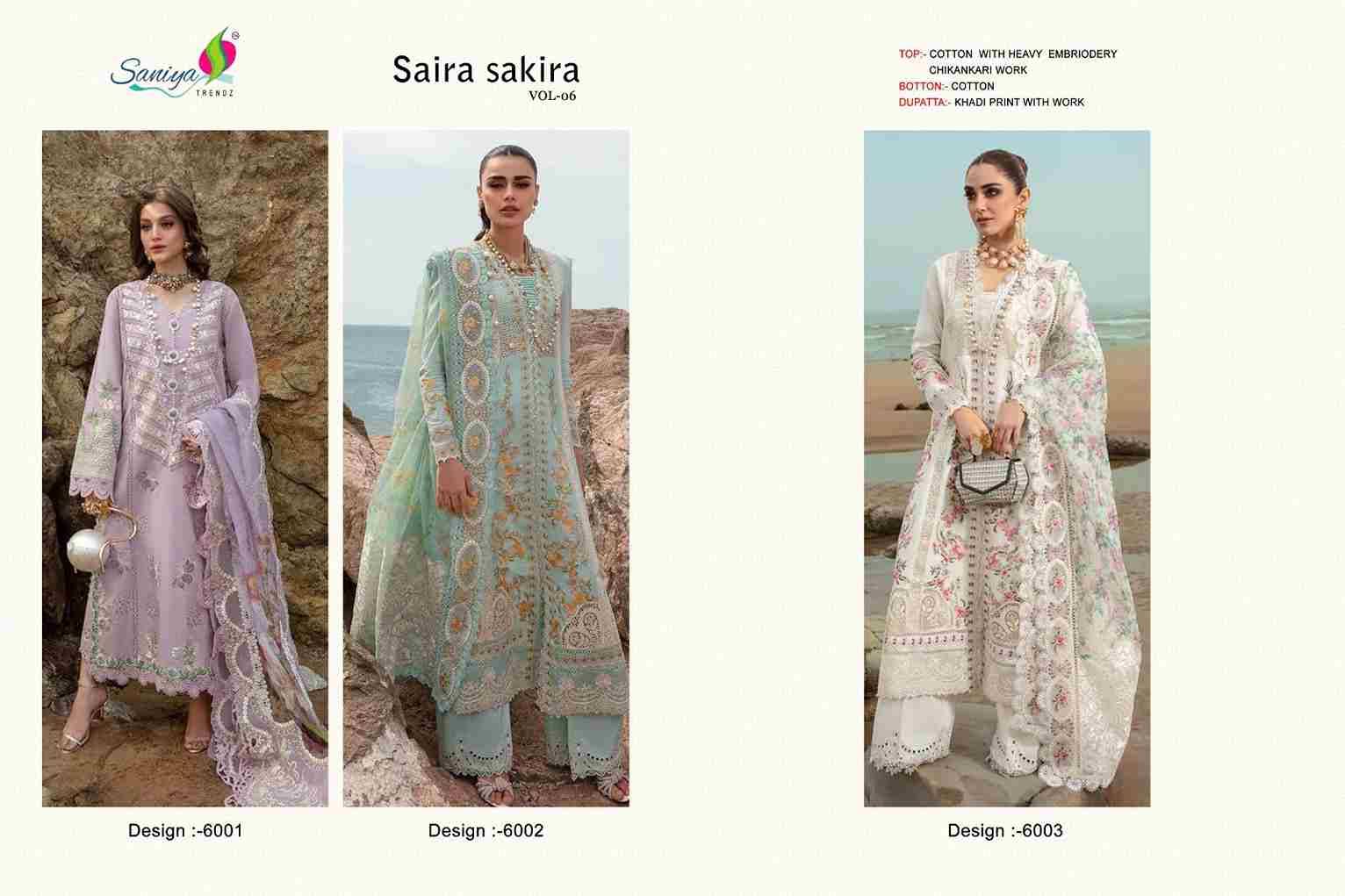 Saira Sakira Vol-6 By Saniya Trendz 6001 To 6003 Series Beautiful Winter Collection Suits Stylish Fancy Colorful Casual Wear & Ethnic Wear Cotton Embroidered Dresses At Wholesale Price