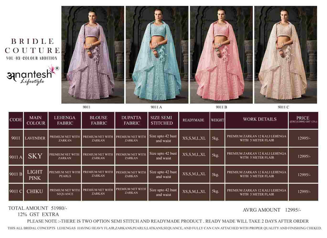 Bridal Couture 9011 Colours By Anantesh 9011 To 9011-C Series Lifestyle Beautiful Colorful Fancy Wedding Collection Occasional Wear & Party Wear Net Lehengas At Wholesale Price