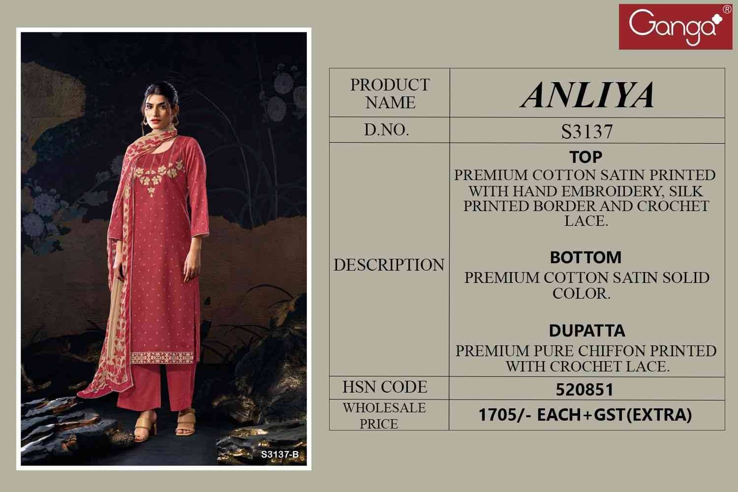 Anliya-3137 By Ganga Fashion 3137-A To 3137-D Series Beautiful Festive Suits Colorful Stylish Fancy Casual Wear & Ethnic Wear Pure Cotton Satin Dresses At Wholesale Price