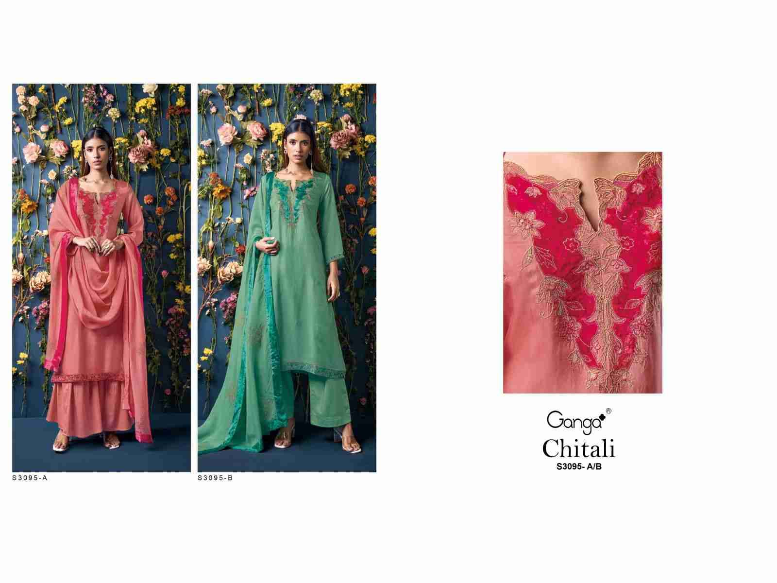 Chitali-3095 By Ganga Fashion 3095-A To 3095-B Series Beautiful Festive Suits Colorful Stylish Fancy Casual Wear & Ethnic Wear Pure Bemberg Silk Dresses At Wholesale Price