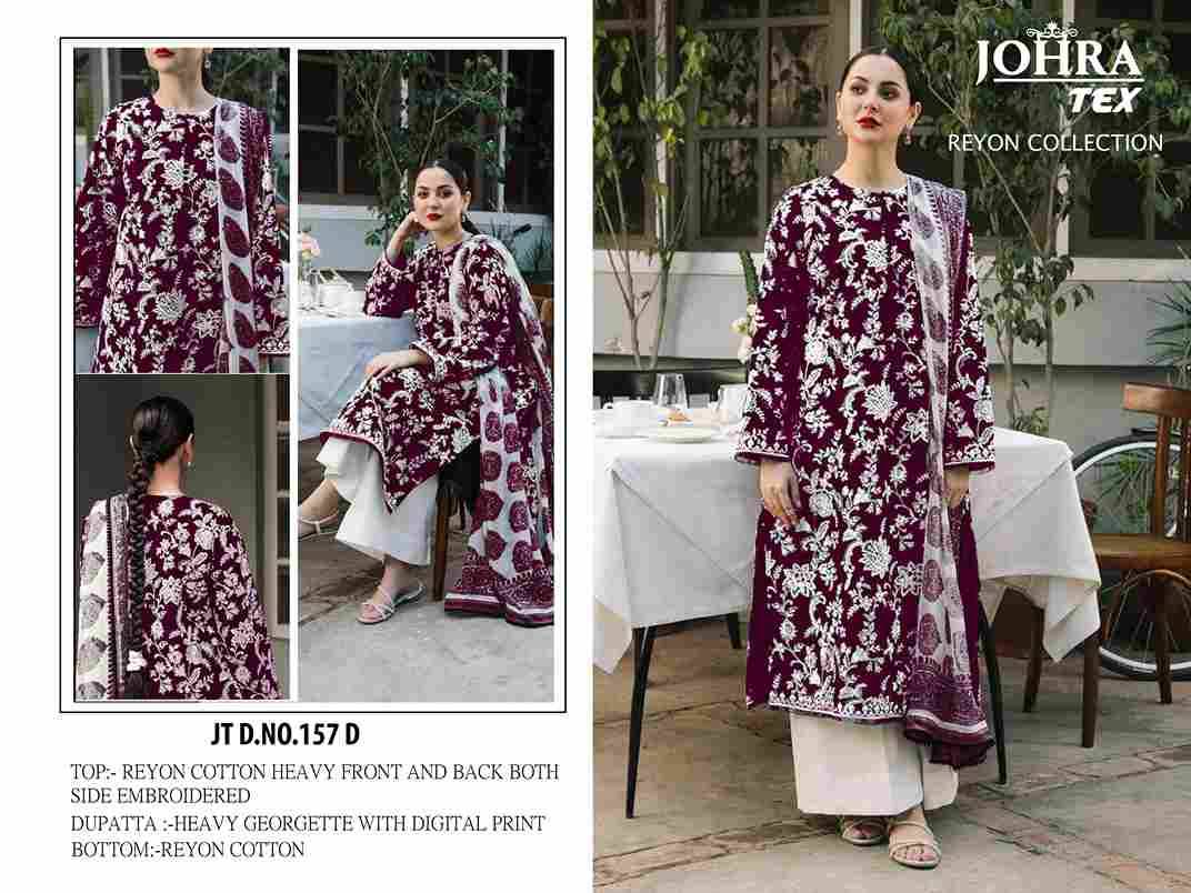 Johra Hit Design 157 Colours By Johra Tex 157-A To 157-D Series Beautiful Pakistani Suits Colorful Stylish Fancy Casual Wear & Ethnic Wear Rayon Cotton Embroidered Dresses At Wholesale Price