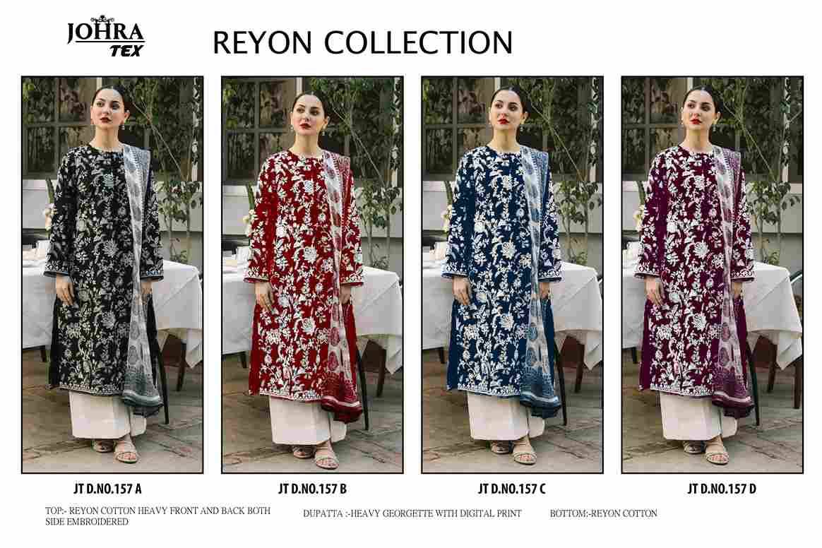 Johra Hit Design 157 Colours By Johra Tex 157-A To 157-D Series Beautiful Pakistani Suits Colorful Stylish Fancy Casual Wear & Ethnic Wear Rayon Cotton Embroidered Dresses At Wholesale Price