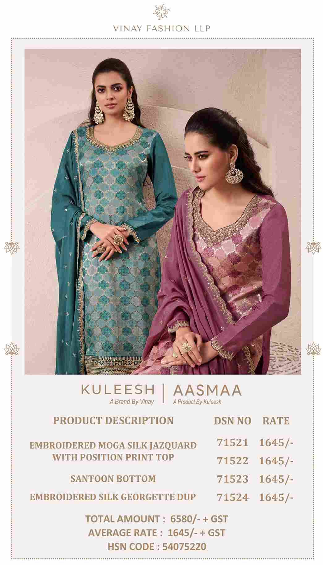 Aasmaa By Vinay Fashion 71521 To 71524 Series Designer Festive Suits Collection Beautiful Stylish Fancy Colorful Party Wear & Occasional Wear Silk Jacquard Dresses At Wholesale Price