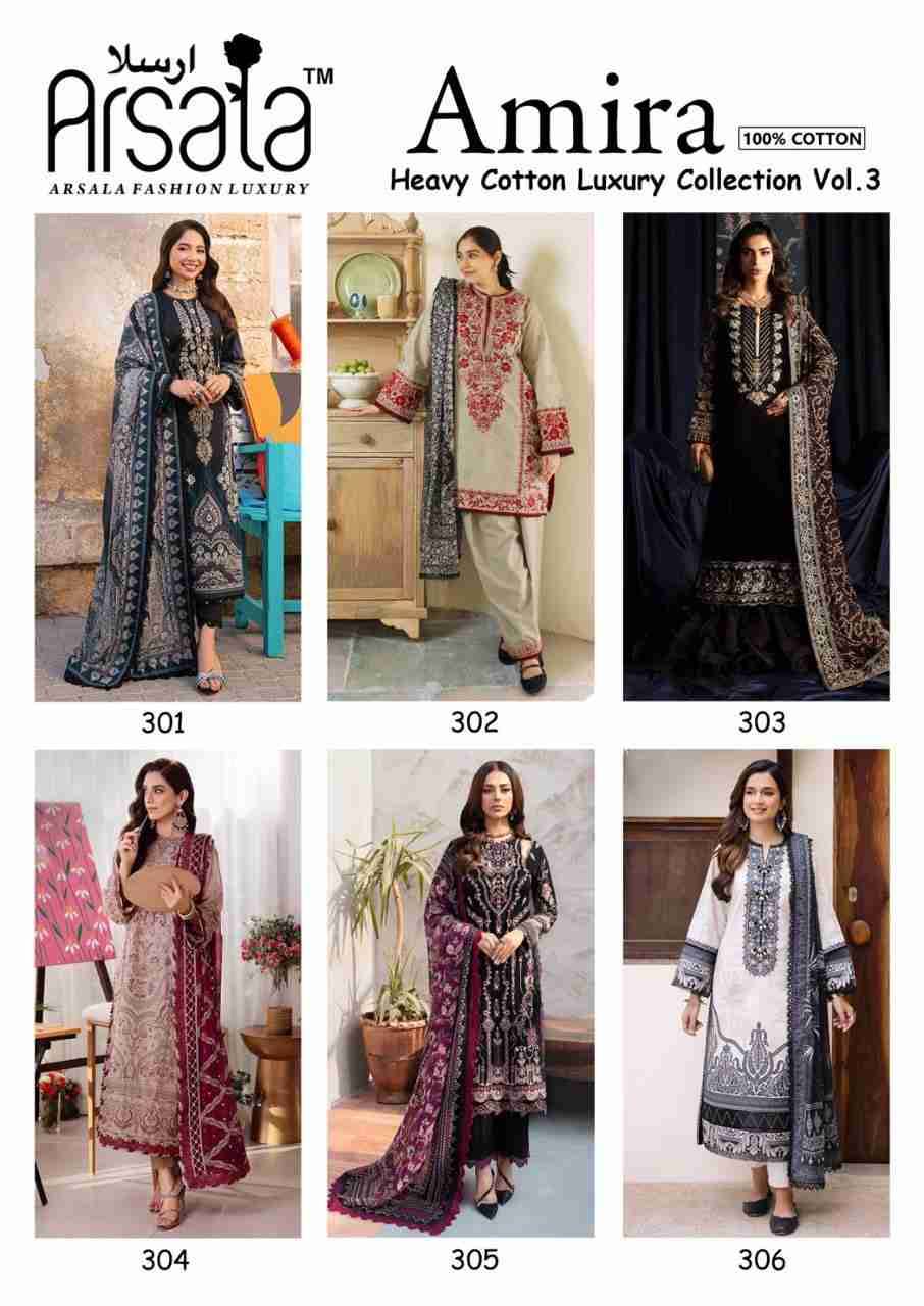 Amira Vol-3 By Arsala 301 To 306 Series Beautiful Festive Suits Stylish Fancy Colorful Casual Wear & Ethnic Wear Pure Lawn Cotton Print Dresses At Wholesale Price