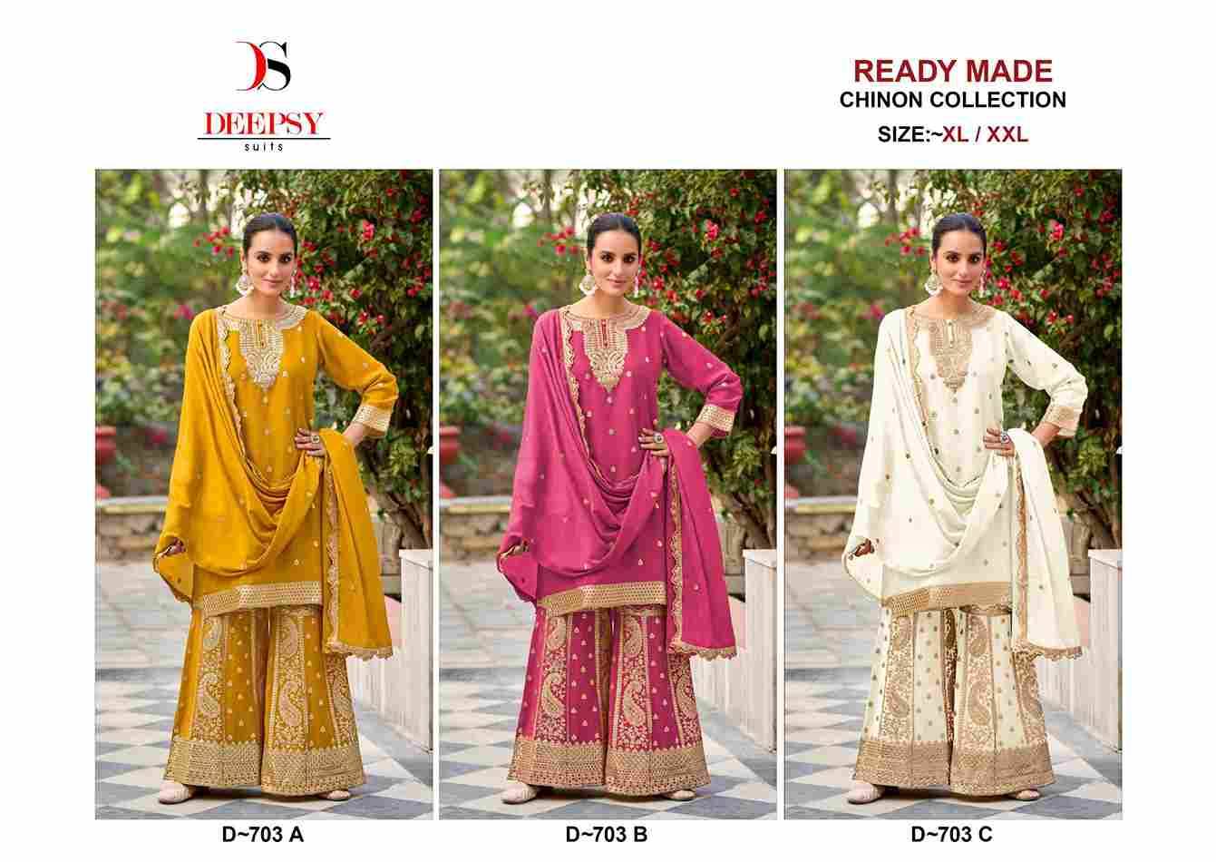 Deepsy Hit Design 703 Colours By Deepsy Suits 703-A To 703-C Series Beautiful Pakistani Suits Colorful Stylish Fancy Casual Wear & Ethnic Wear Pure Chinnon Embroidered Dresses At Wholesale Price