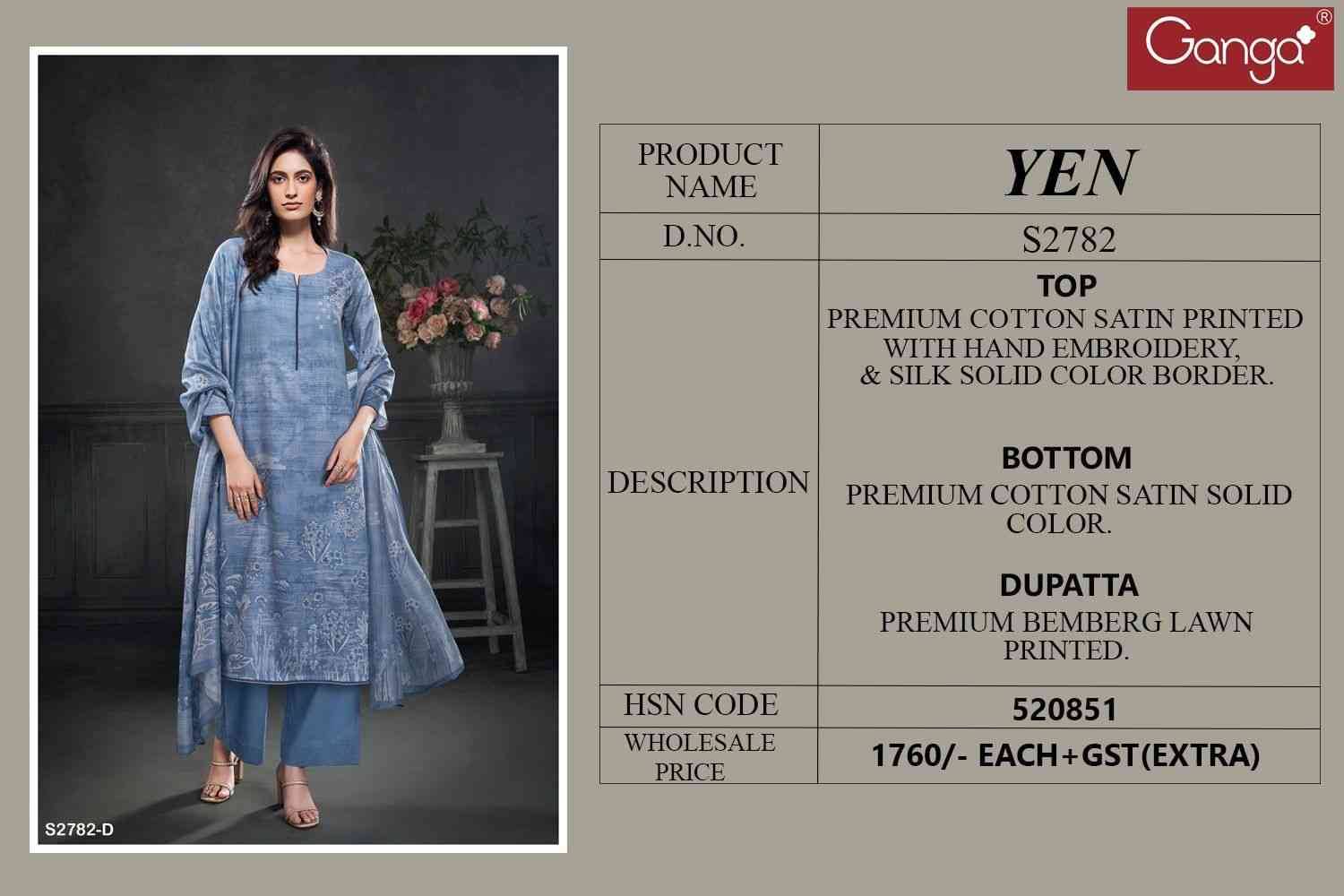 Yen-2782 By Ganga Fashion 2782-A To 2782-D Series Beautiful Festive Suits Colorful Stylish Fancy Casual Wear & Ethnic Wear Pure Cotton Satin Dresses At Wholesale Price