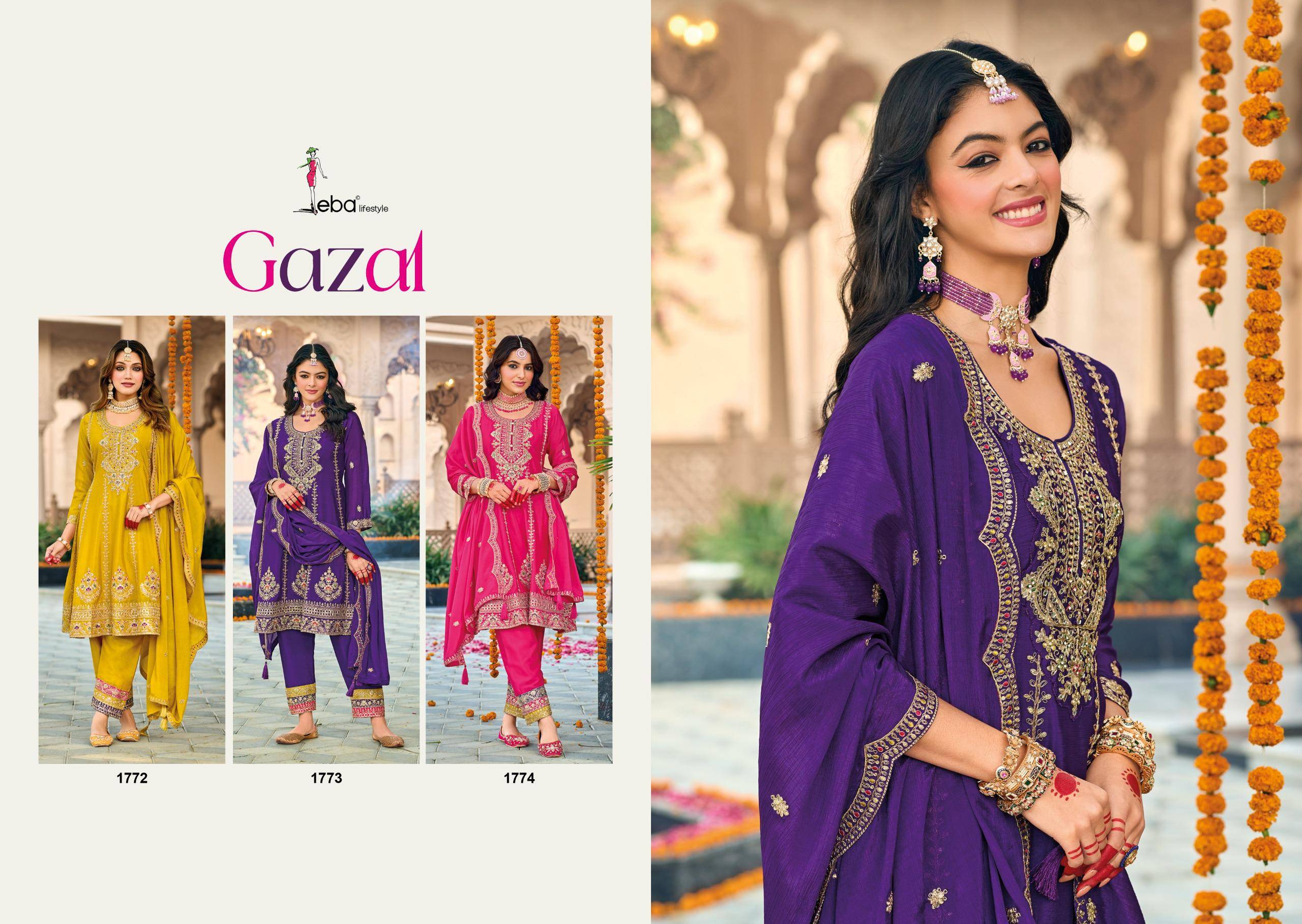 Gazal By Eba Lifestyle 1772 To 1774 Series Designer Festive Suits Collection Beautiful Stylish Fancy Colorful Party Wear & Occasional Wear Chinnon Dresses At Wholesale Price