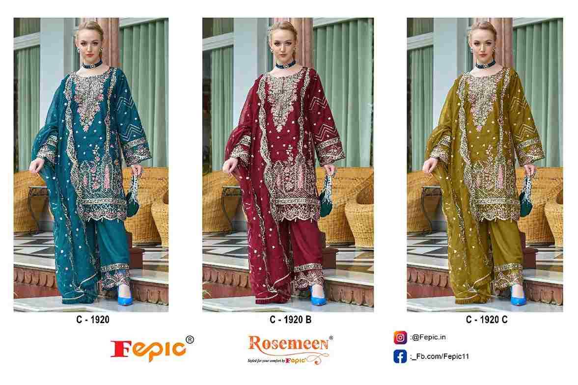 Fepic 1920 Colours By Fepic 1920-A To 1920-C Series Beautiful Pakistani Suits Colorful Stylish Fancy Casual Wear & Ethnic Wear Organza Embroidered Dresses At Wholesale Price