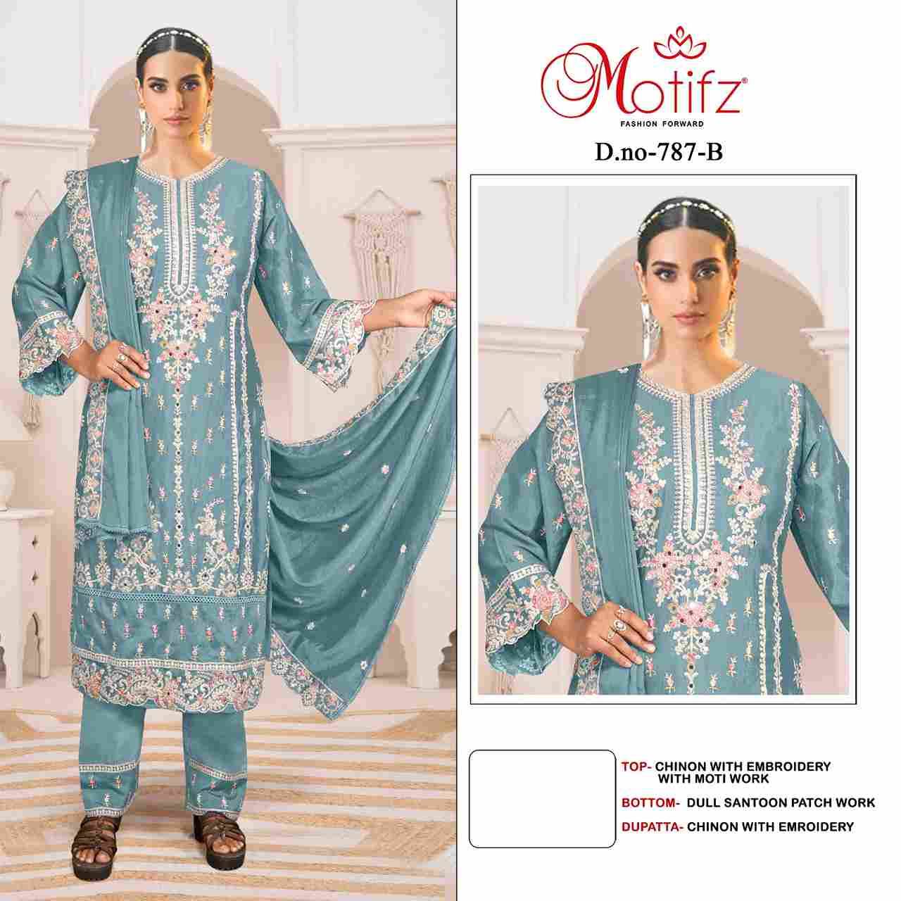 Motifz Hit Design 787 Colours By Motifz 787-A To 787-D Series Beautiful Pakistani Suits Colorful Stylish Fancy Casual Wear & Ethnic Wear Chinnon Dresses At Wholesale Price