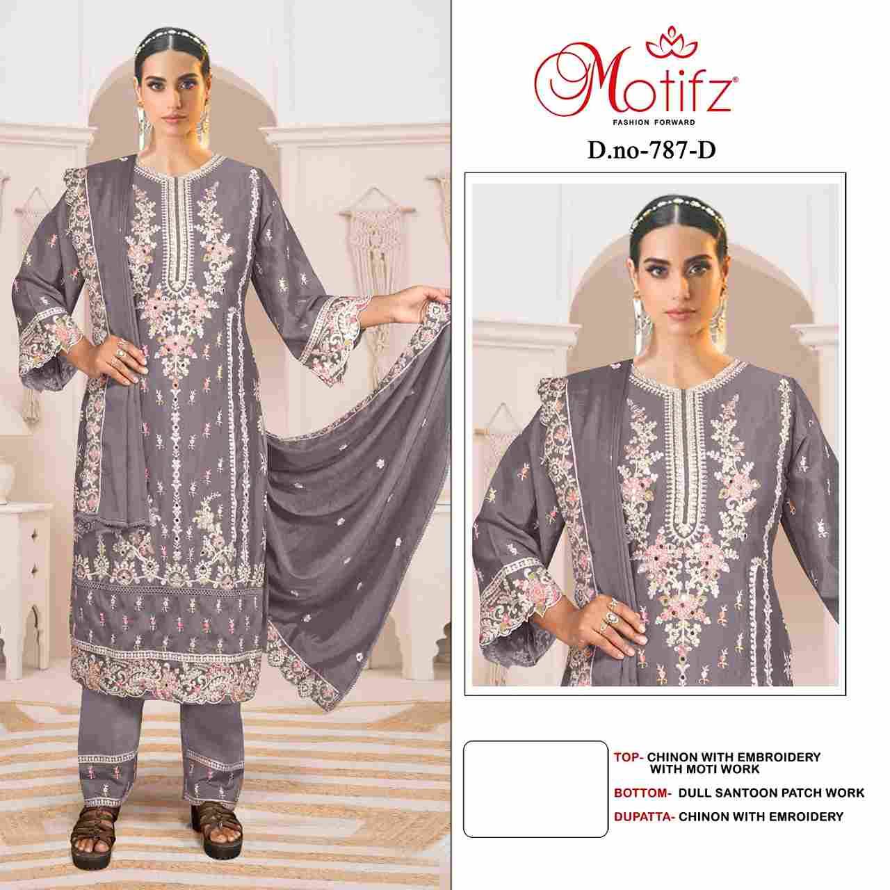 Motifz Hit Design 787 Colours By Motifz 787-A To 787-D Series Beautiful Pakistani Suits Colorful Stylish Fancy Casual Wear & Ethnic Wear Chinnon Dresses At Wholesale Price