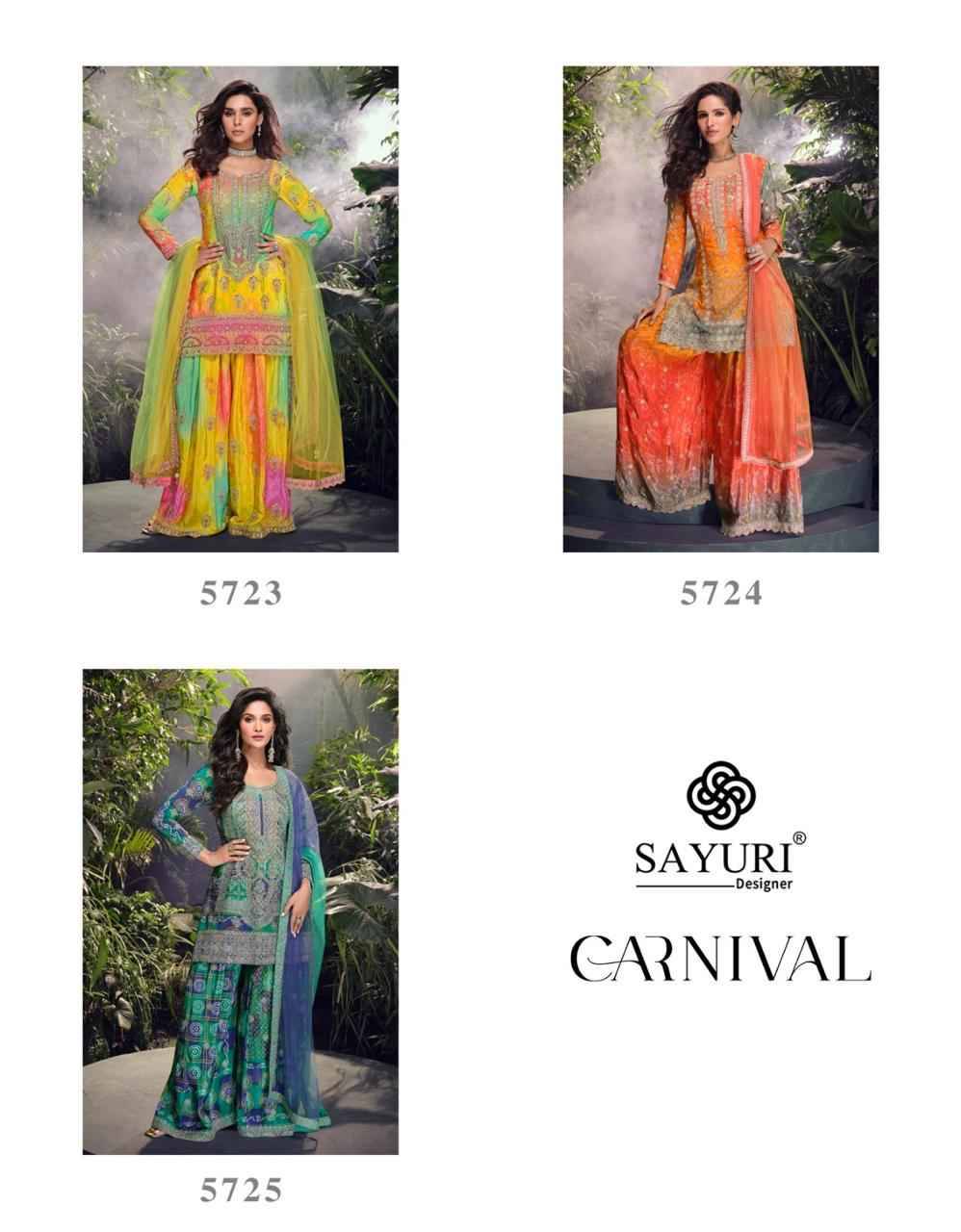 Carnival By Sayuri 5723 To 5725 Series Beautiful Sharara Suits Colorful Stylish Fancy Casual Wear & Ethnic Wear Chinnon Silk Dresses At Wholesale Price