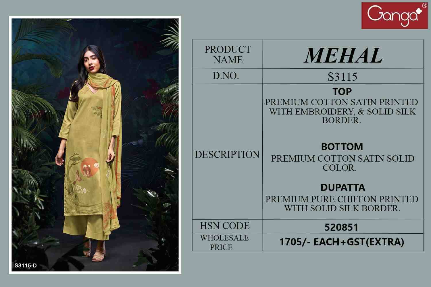 Mehal-3115 By Ganga Fashion 3115-A To 3115-D Series Beautiful Festive Suits Colorful Stylish Fancy Casual Wear & Ethnic Wear Pure Cotton Satin Dresses At Wholesale Price