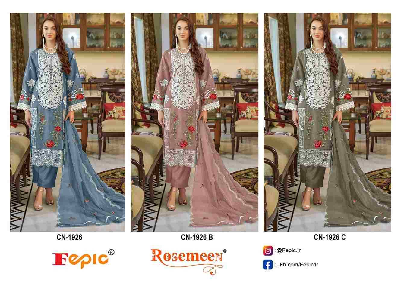 Fepic 1926 Colours By Fepic 1926-A To 1926-C Series Beautiful Pakistani Suits Colorful Stylish Fancy Casual Wear & Ethnic Wear Organza Embroidered Dresses At Wholesale Price