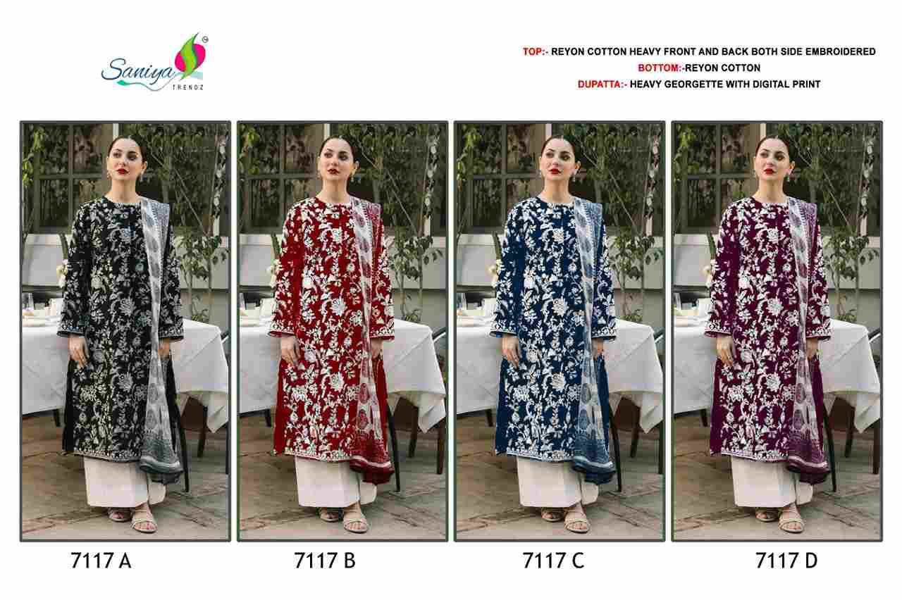 Saniya Trendz 7117 Colours By Saniya Trendz 7117-A To 7117-D Series Beautiful Pakistani Suits Colorful Stylish Fancy Casual Wear & Ethnic Wear Rayon Cotton Embroidered Dresses At Wholesale Price